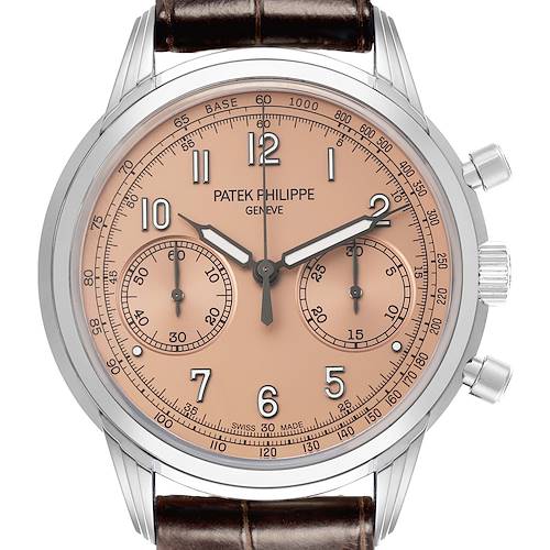 This image shows a front view of the Patek Philippe Complications 5172G-001 Men's White Gold Pink Dial watch, displaying its dial, subdials, and side pushers.