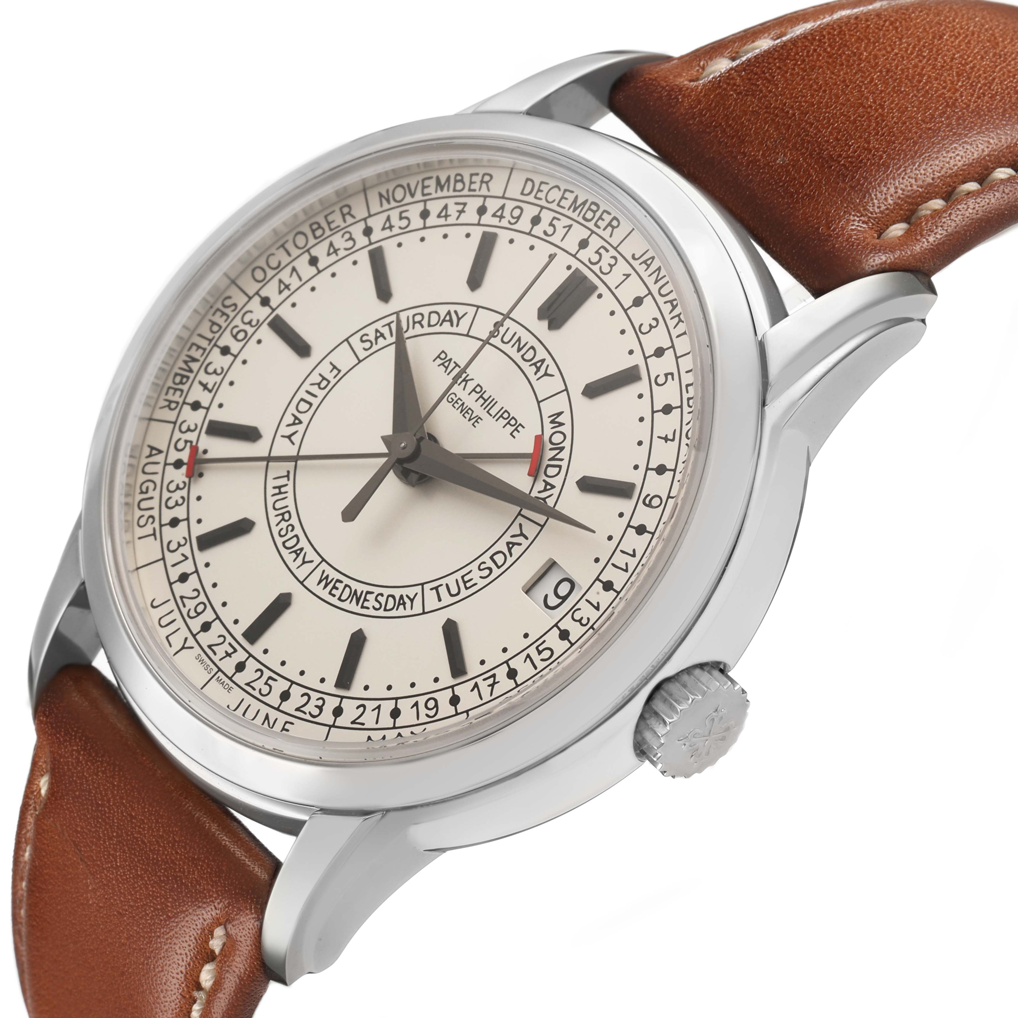 The Patek Philippe Complications 5212A-001 Men's Stainless Steel Silver Dial watch is shown at an angled side view, highlighting its case, dial, and leather strap.