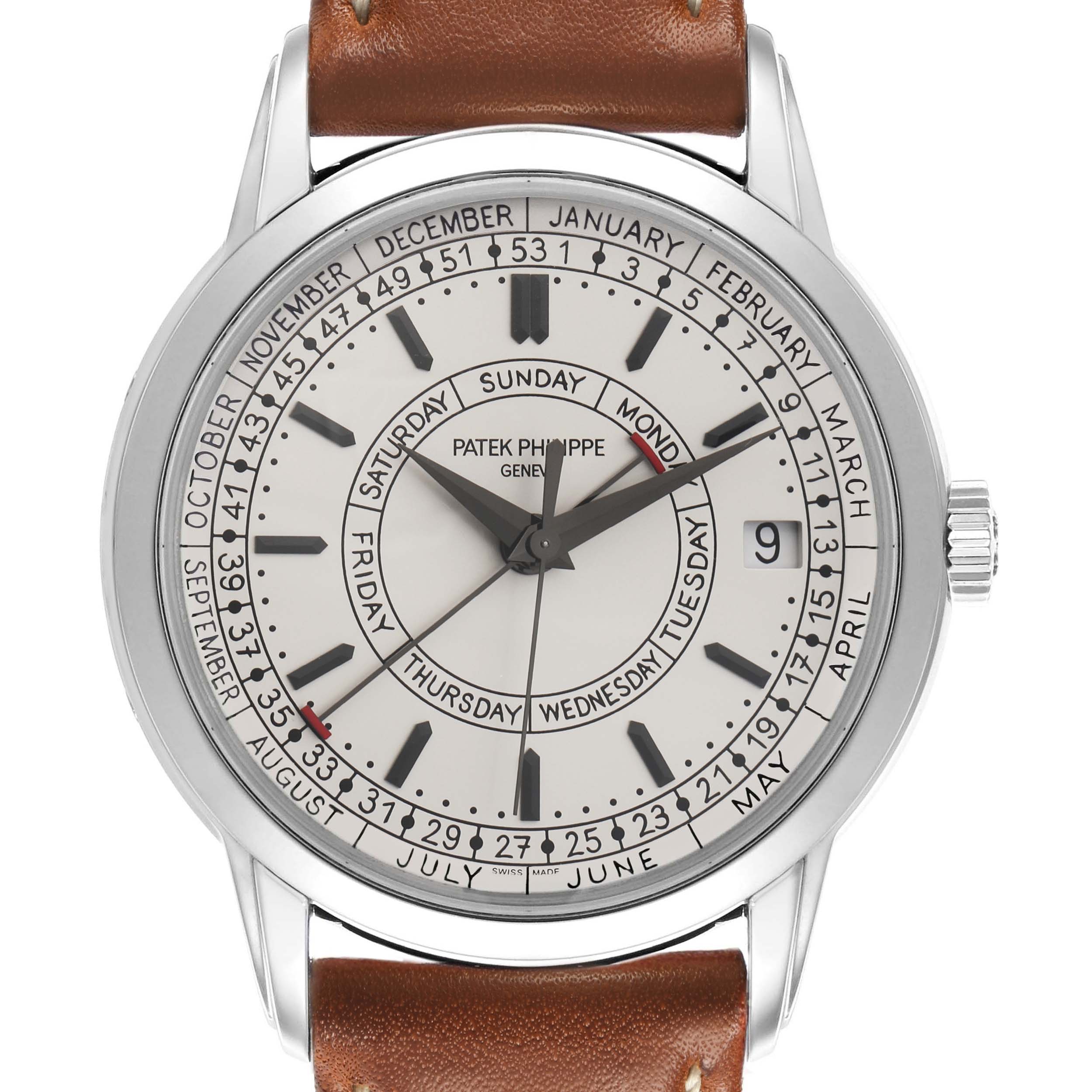 The Patek Philippe Complications 5212A-001 Men's Stainless Steel Silver Dial watch is shown from the front, displaying the full dial with calendar functions and a leather strap.