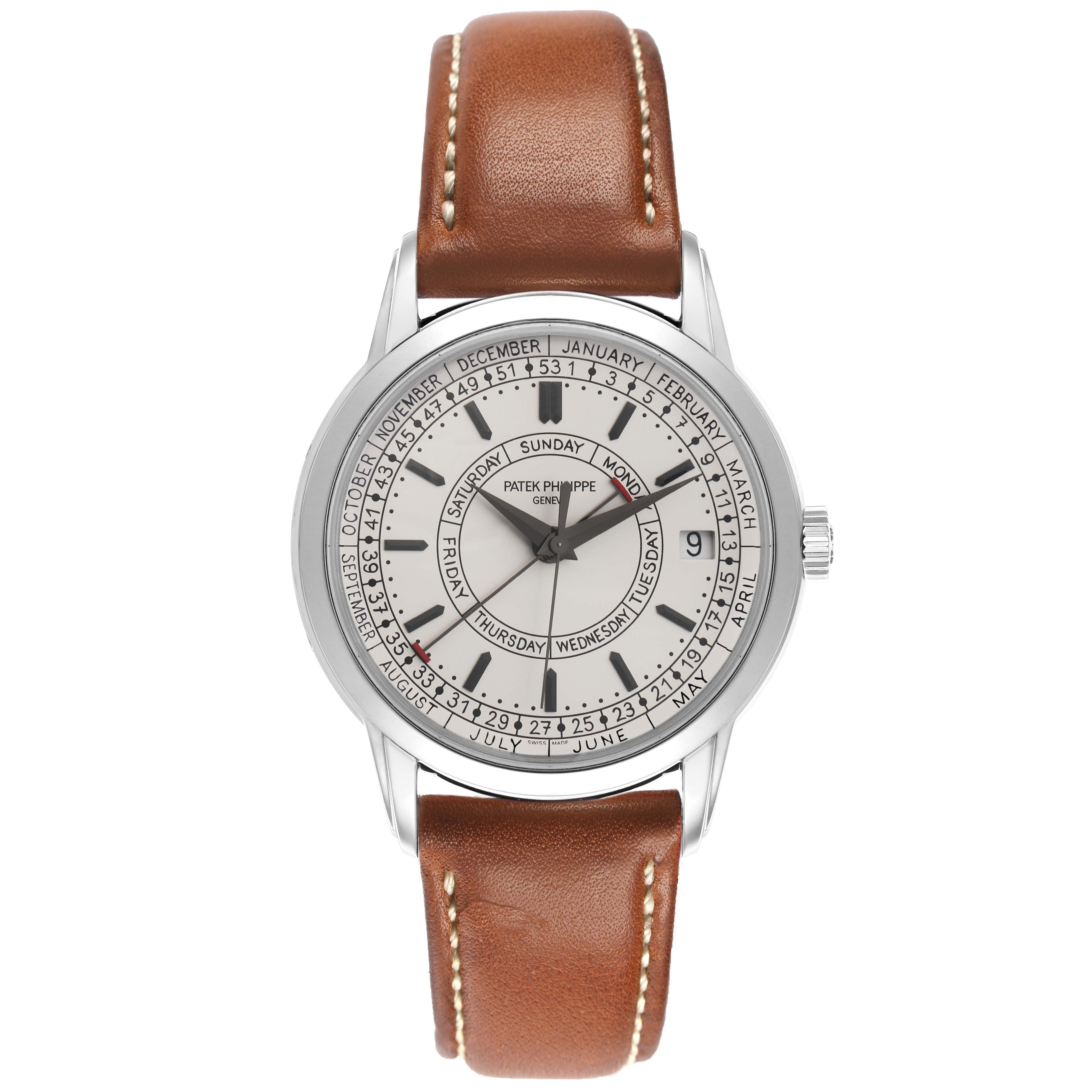 The Patek Philippe Complications 5212A-001 Men's Stainless Steel Silver Dial watch is shown from a top-down angle, highlighting its dial, calendar functions, and leather strap.