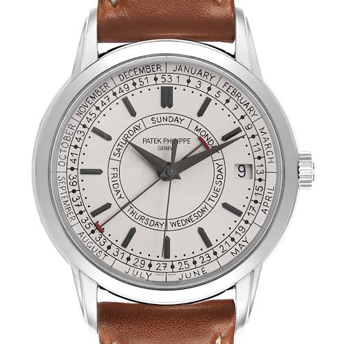 The Patek Philippe Complications 5212A-001 Men's Stainless Steel Silver Dial model is shown straight-on, with visible day, date, and month indicators.