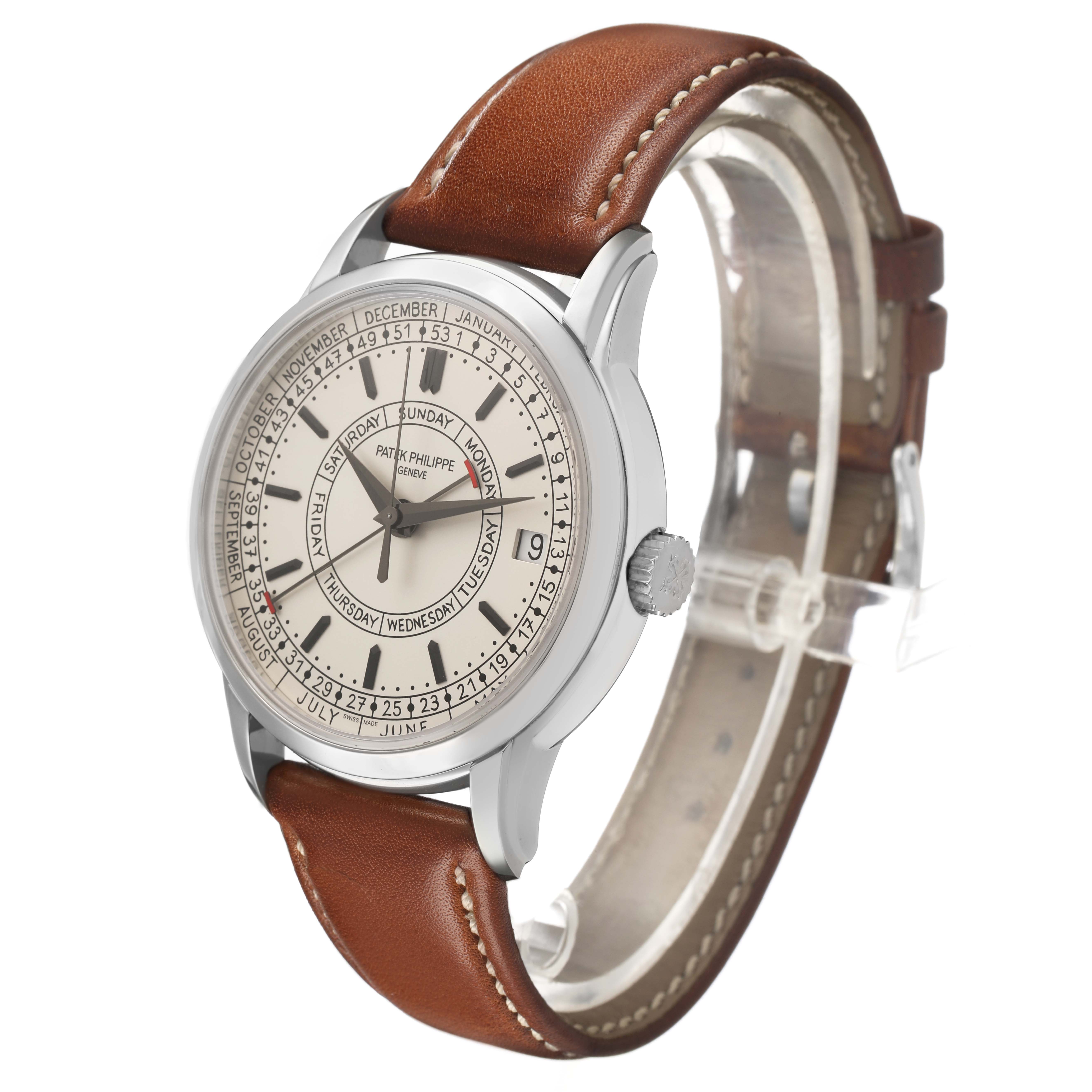 The Patek Philippe Complications 5212A-001 Men's Stainless Steel Silver Dial watch is shown at a front-left angle, highlighting its dial, case, and brown leather strap.