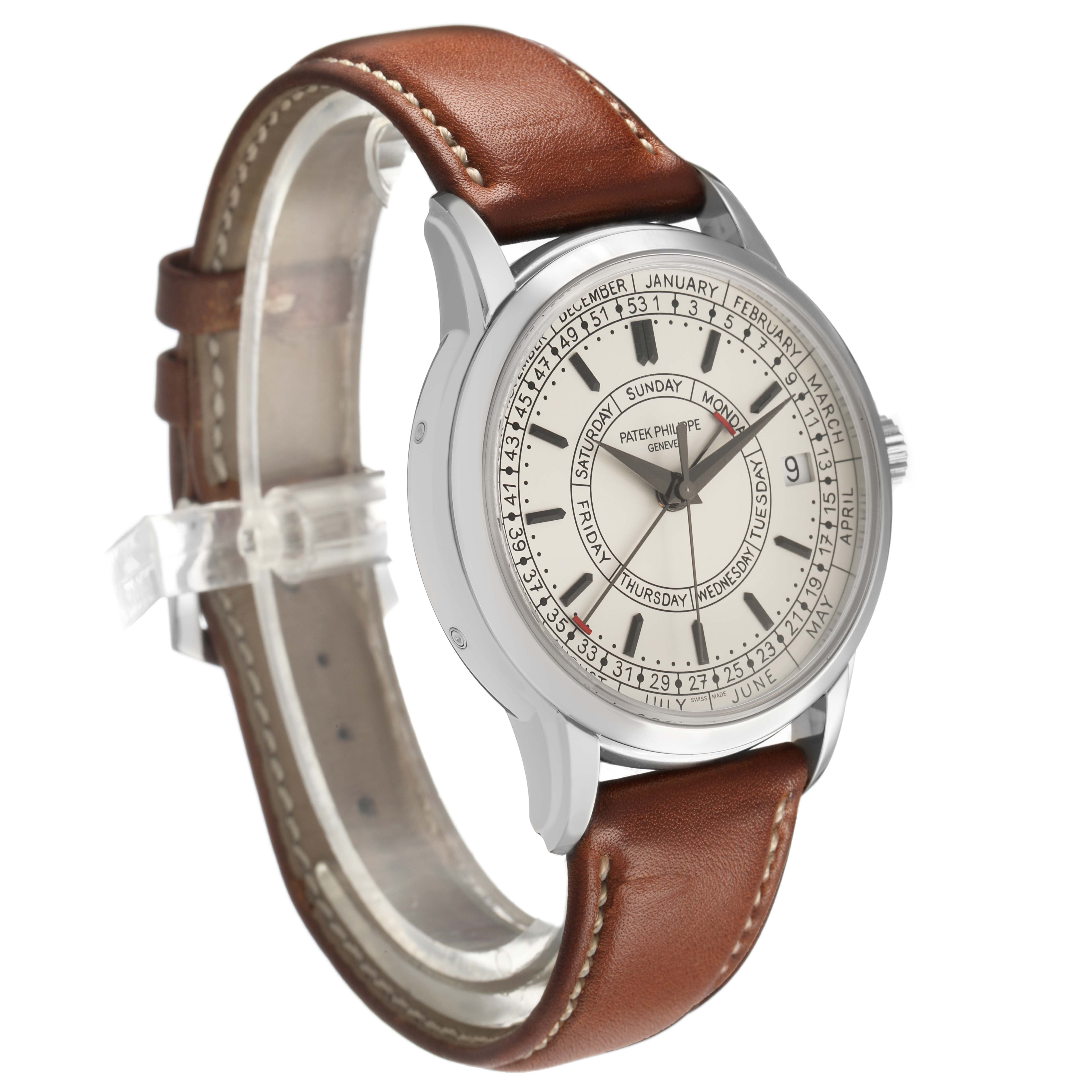 The image shows a side angle of the Patek Philippe Complications 5212A-001 Men's Stainless Steel Silver Dial watch, highlighting its dial, case, and brown leather strap.