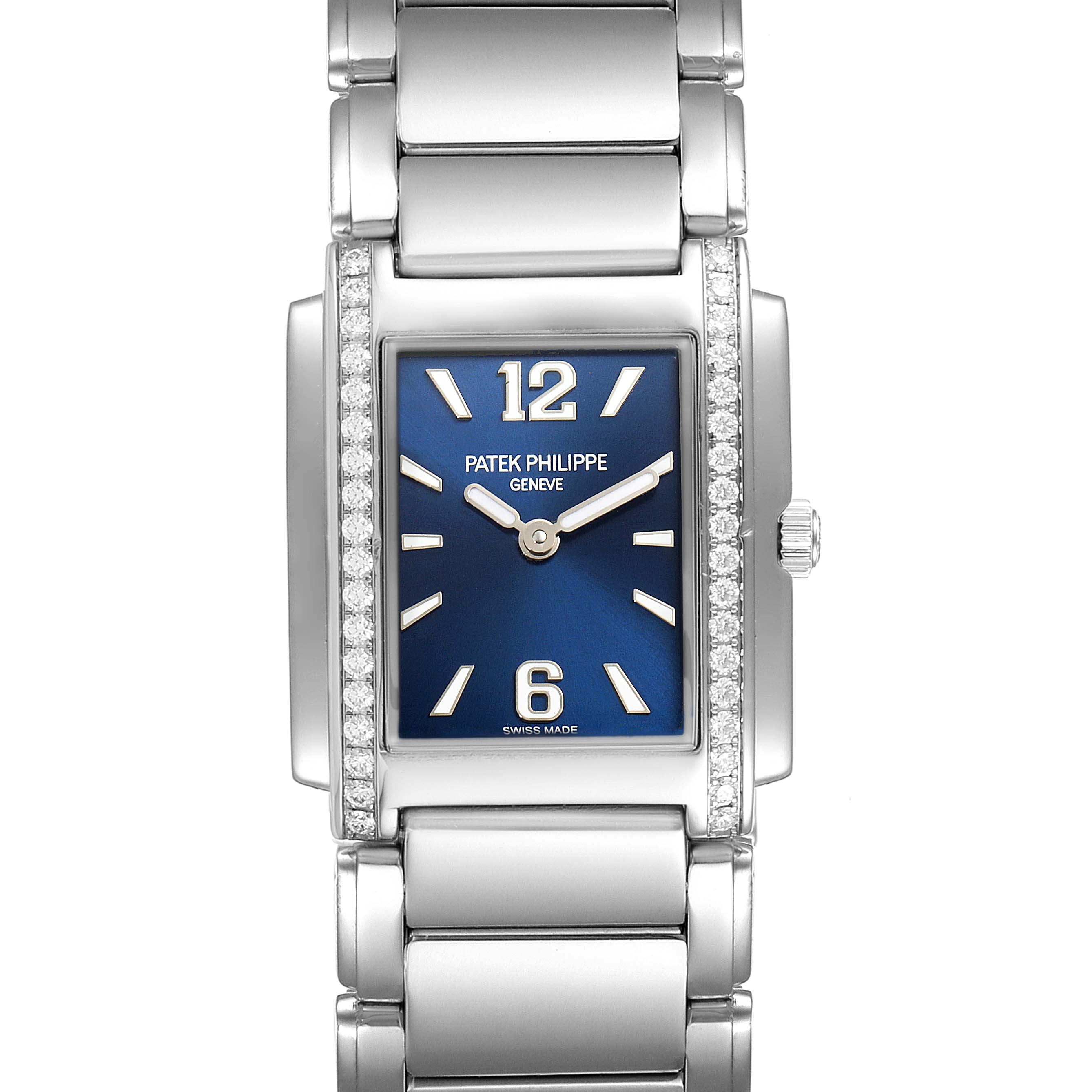 This is a front view of a Patek Philippe Twenty-4 4910/1200A Women's Stainless Steel Blue Dial 4910/1200A Women's Stainless Steel Blue Dial watch, showing its rectangular face with a blue dial and a stainless steel bracelet.