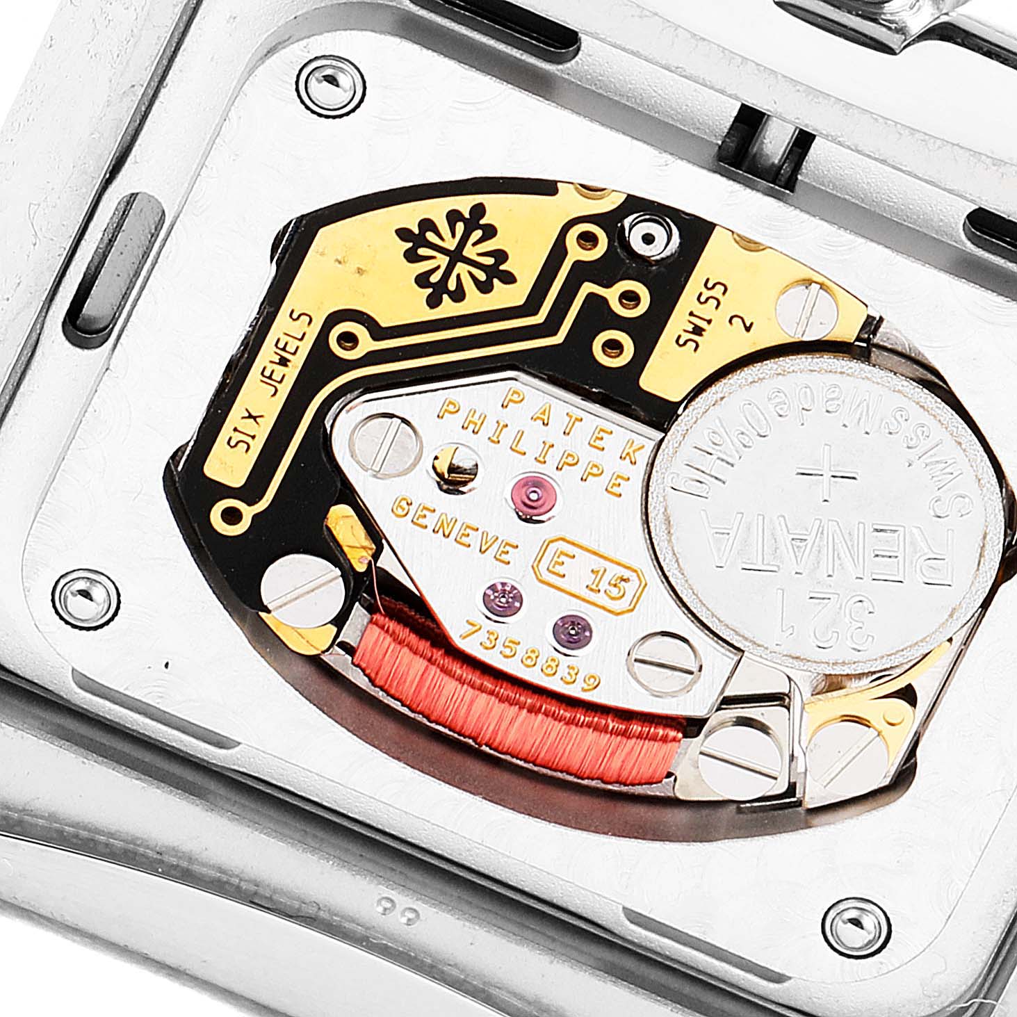 This image shows the internal mechanism and battery of the Patek Philippe Twenty-4 4910/1200A Women's Stainless Steel Blue Dial 4910/1200A Women's Stainless Steel Blue Dial model watch viewed from the back.