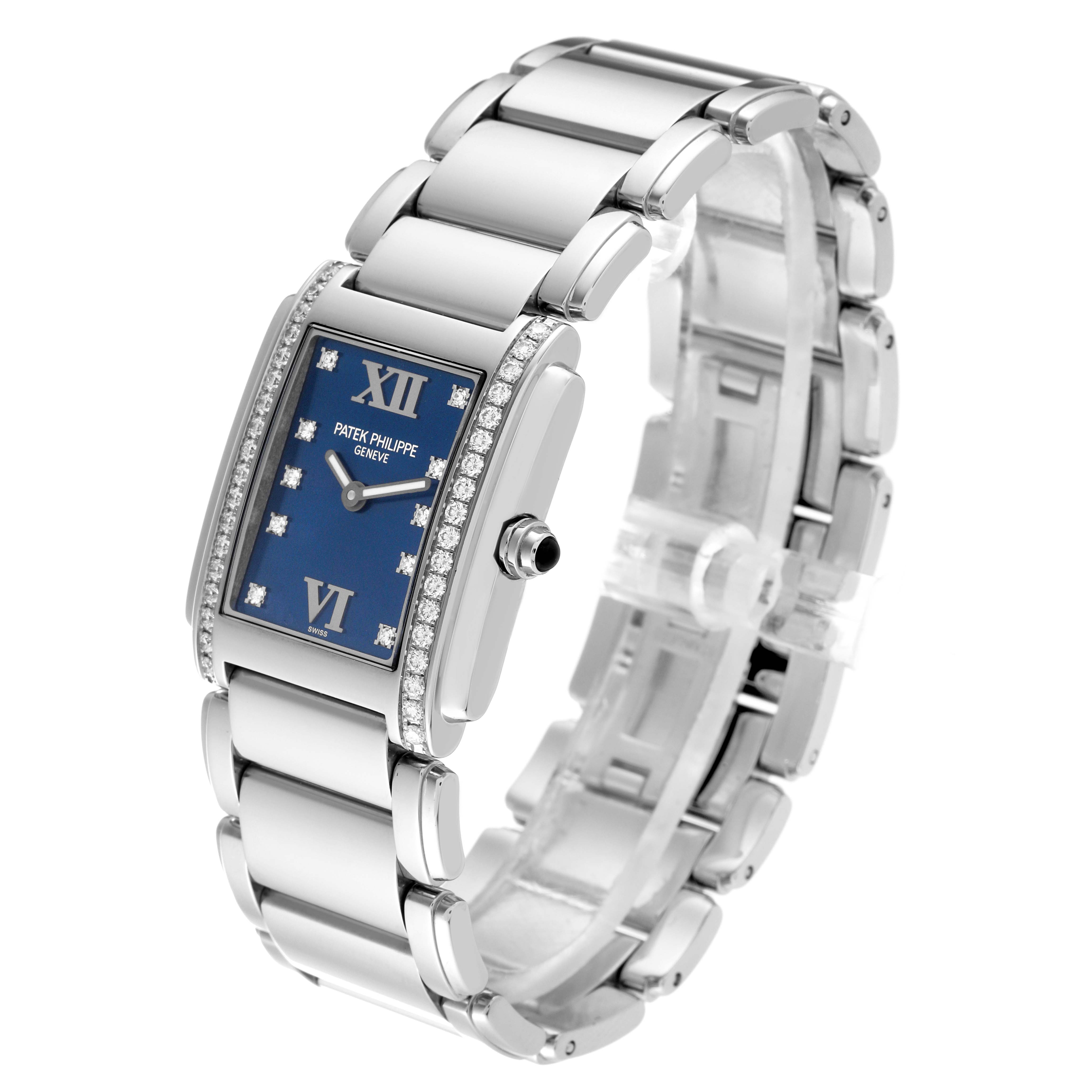The Patek Philippe Twenty-4 4910/10A-012 Women's Stainless Steel Blue Dial 4910/10A-012 Women's Stainless Steel Blue Dial watch is shown at a side angle, highlighting the face, bezel, and bracelet.