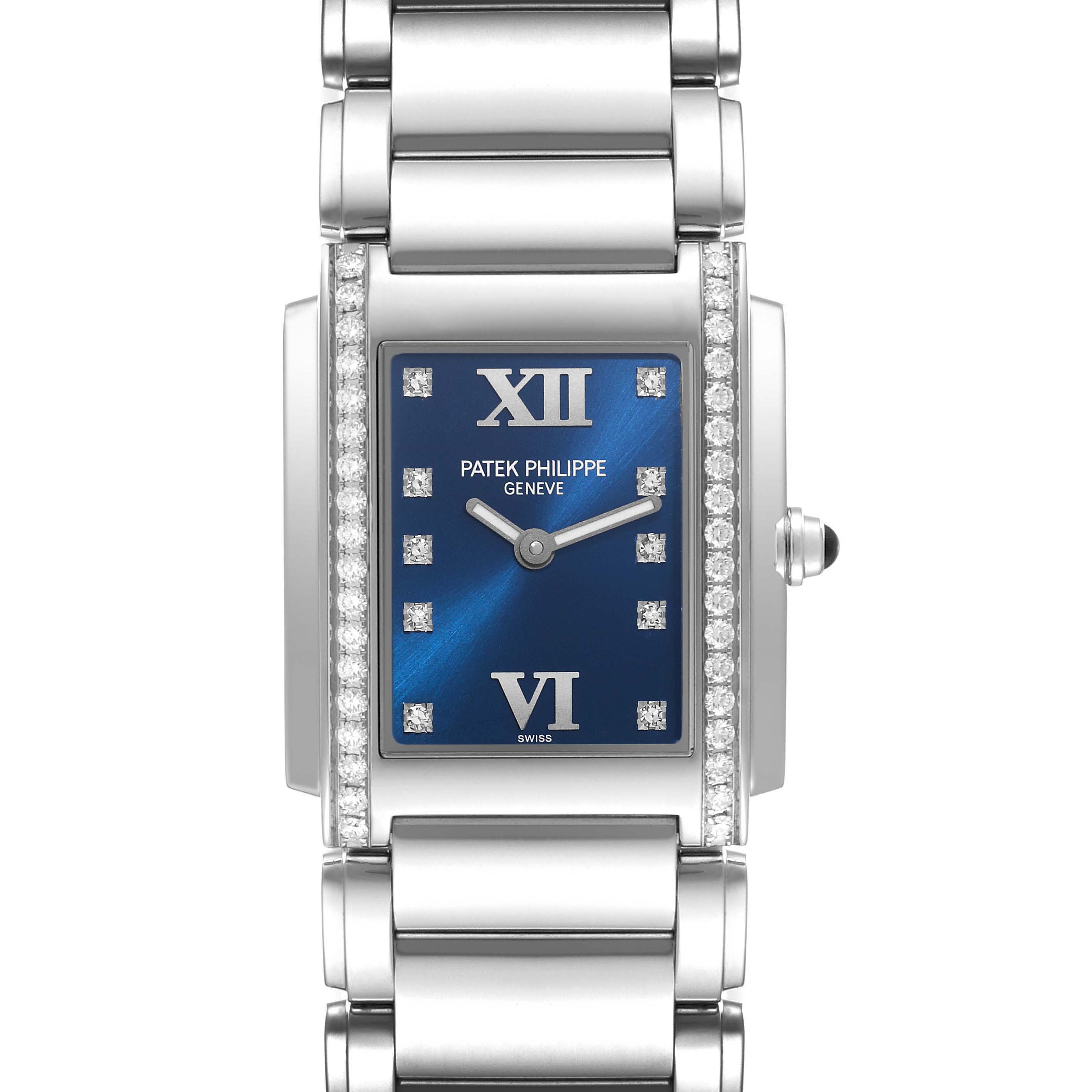 This image shows a front view of the Patek Philippe Twenty-4 4910/10A-012 Women's Stainless Steel Blue Dial 4910/10A-012 Women's Stainless Steel Blue Dial model, including the blue dial, diamond markers, and stainless steel bracelet.