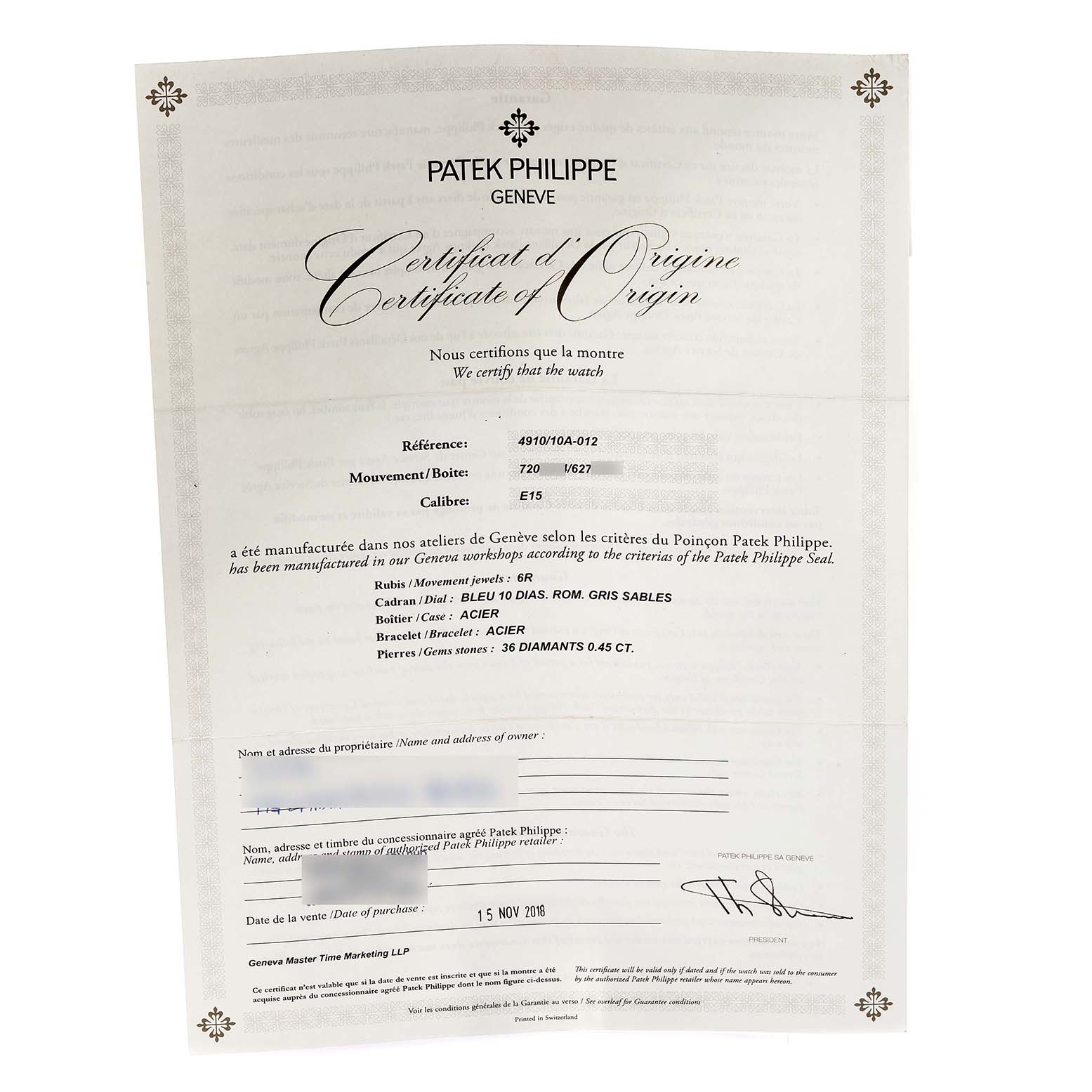 This image shows the Certificate of Origin for a Patek Philippe Twenty-4 4910/10A-012 Women's Stainless Steel Blue Dial 4910/10A-012 Women's Stainless Steel Blue Dial model watch, including details like reference and movement numbers.