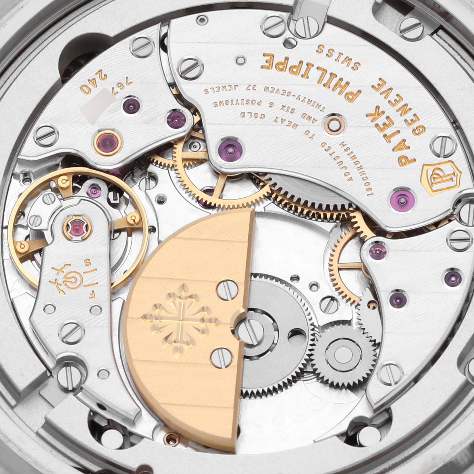 This image shows the Patek Philippe Complications 5330G-001 Men's White Gold Blue Dial 5330G-001 Men's White Gold Blue Dial model from a top-down view, highlighting the intricate movement and rotor.