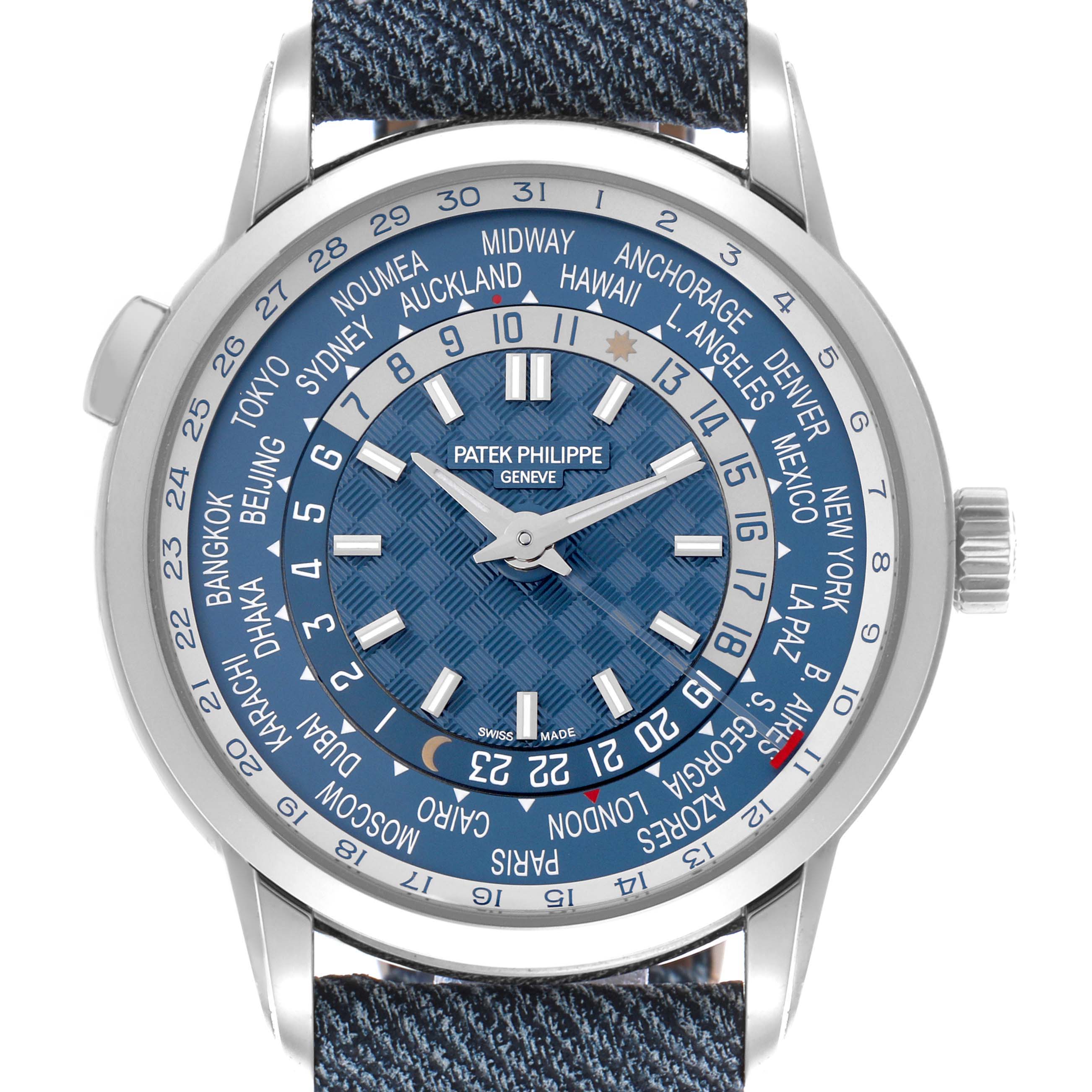 The Patek Philippe Complications 5330G-001 Men's White Gold Blue Dial 5330G-001 Men's White Gold Blue Dial watch is shown from a front angle, displaying its dial, bezel, and city ring.