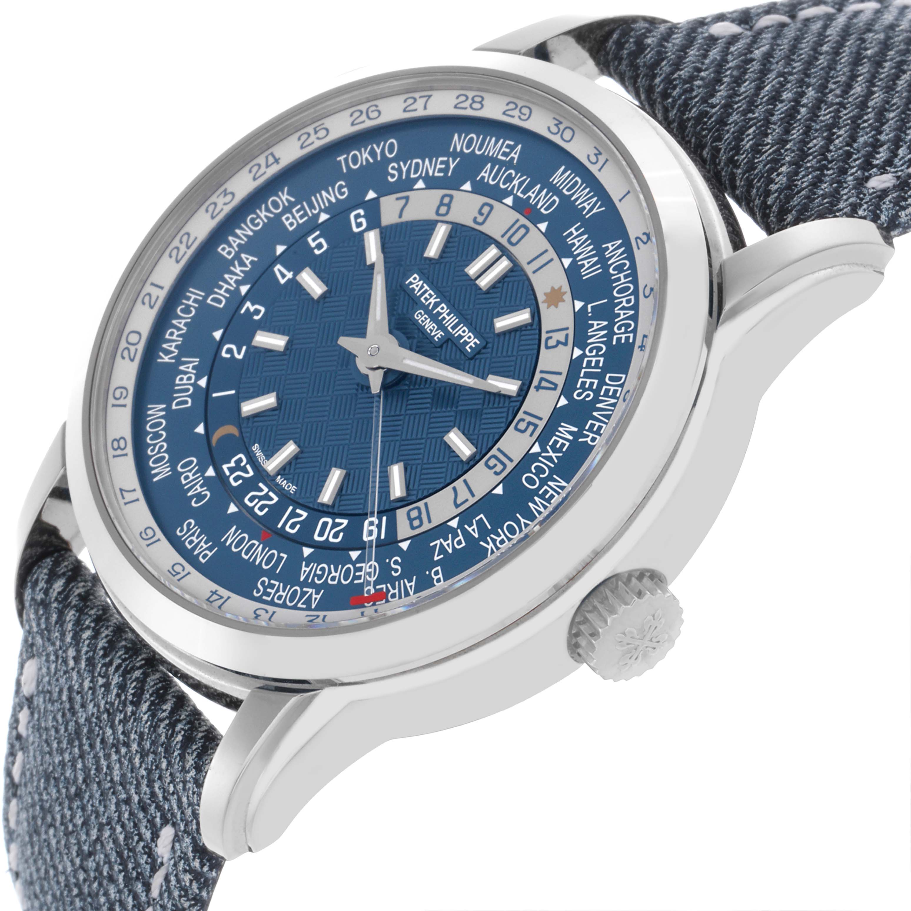 The Patek Philippe Complications 5330G-001 Men's White Gold Blue Dial 5330G-001 Men's White Gold Blue Dial watch is shown at an angled side view, highlighting the bezel, dial, crown, and strap.