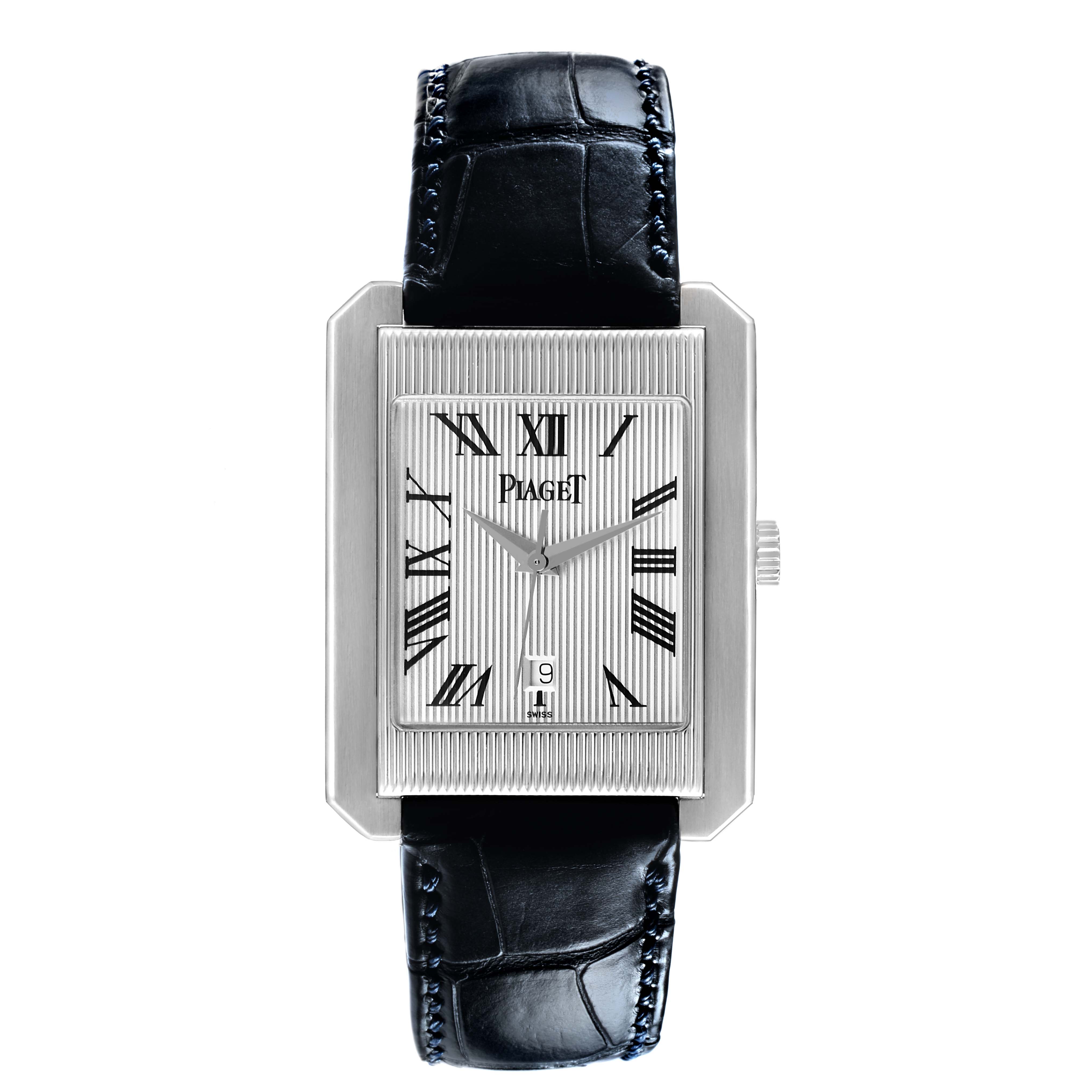 The Piaget 26100 Men's White Gold Silver Dial Protocole XL 26100 watch is shown from the front, displaying the rectangular silver Roman dial and black leather strap.
