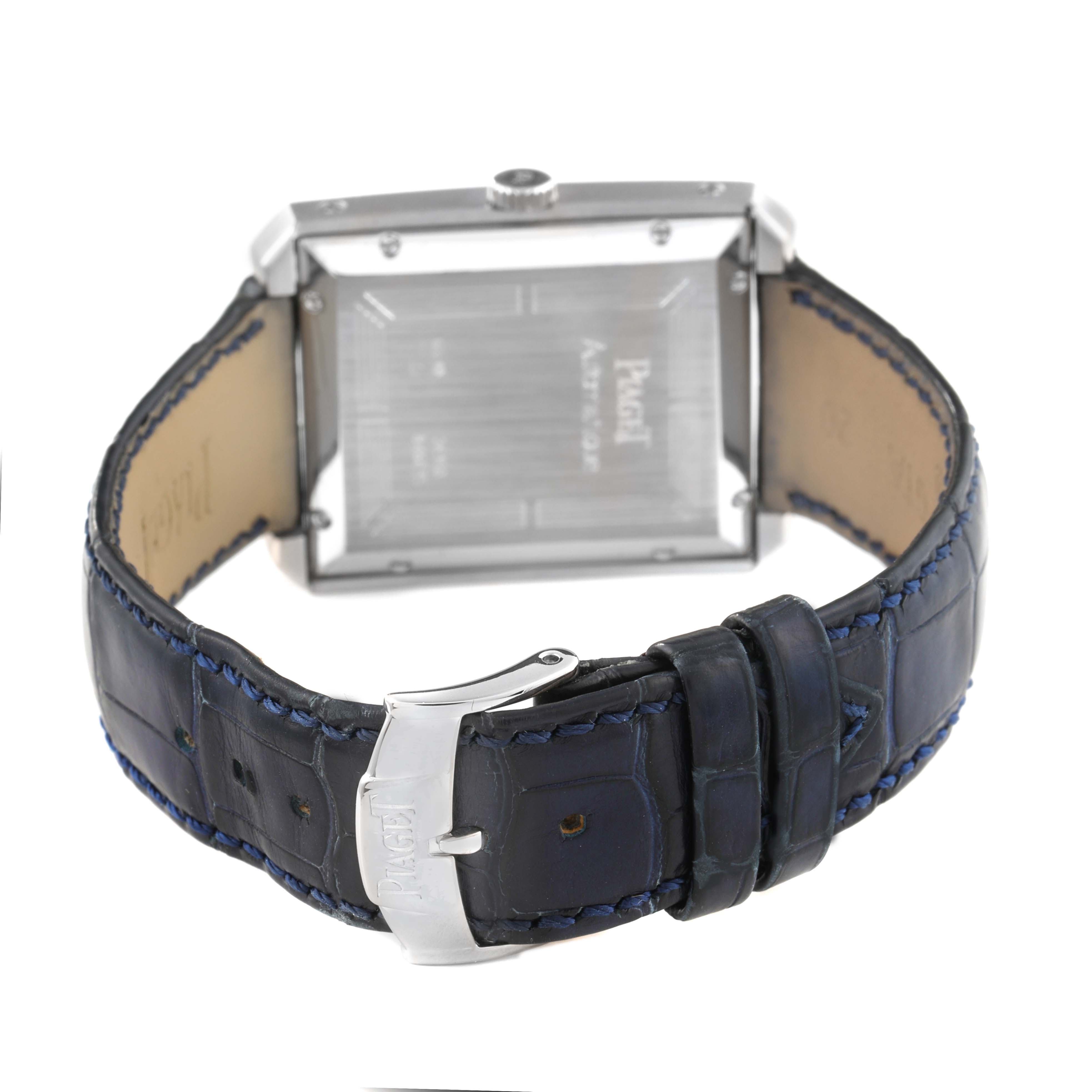 The image shows the back and buckle of the Piaget 26100 Men's White Gold Silver Dial Protocole XL Silver Roman Dial White Gold Men's Watch 26100.