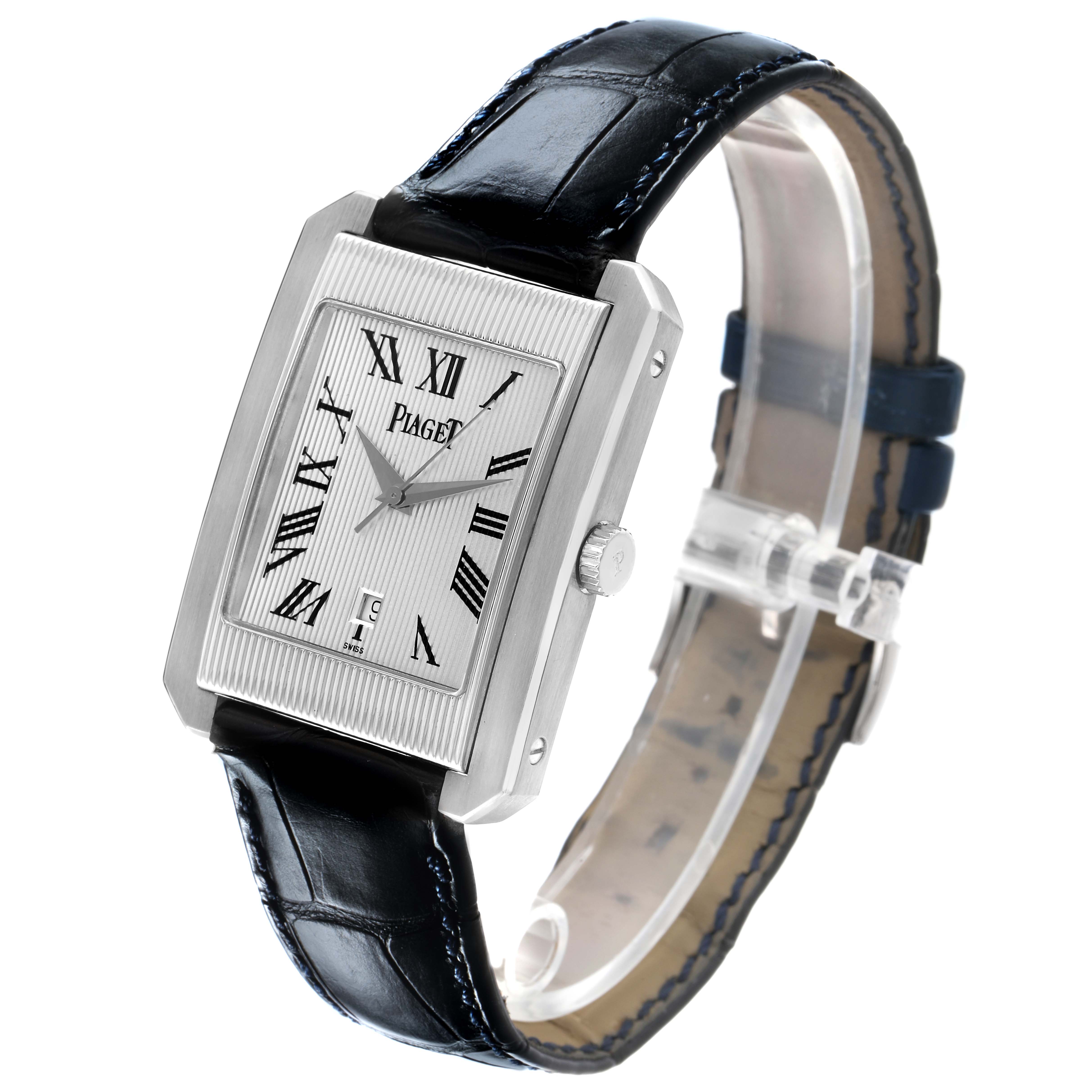The Piaget 26100 Men's White Gold Silver Dial Protocole XL watch is shown at a three-quarter angle, highlighting the silver Roman dial, white gold case, and black leather strap.
