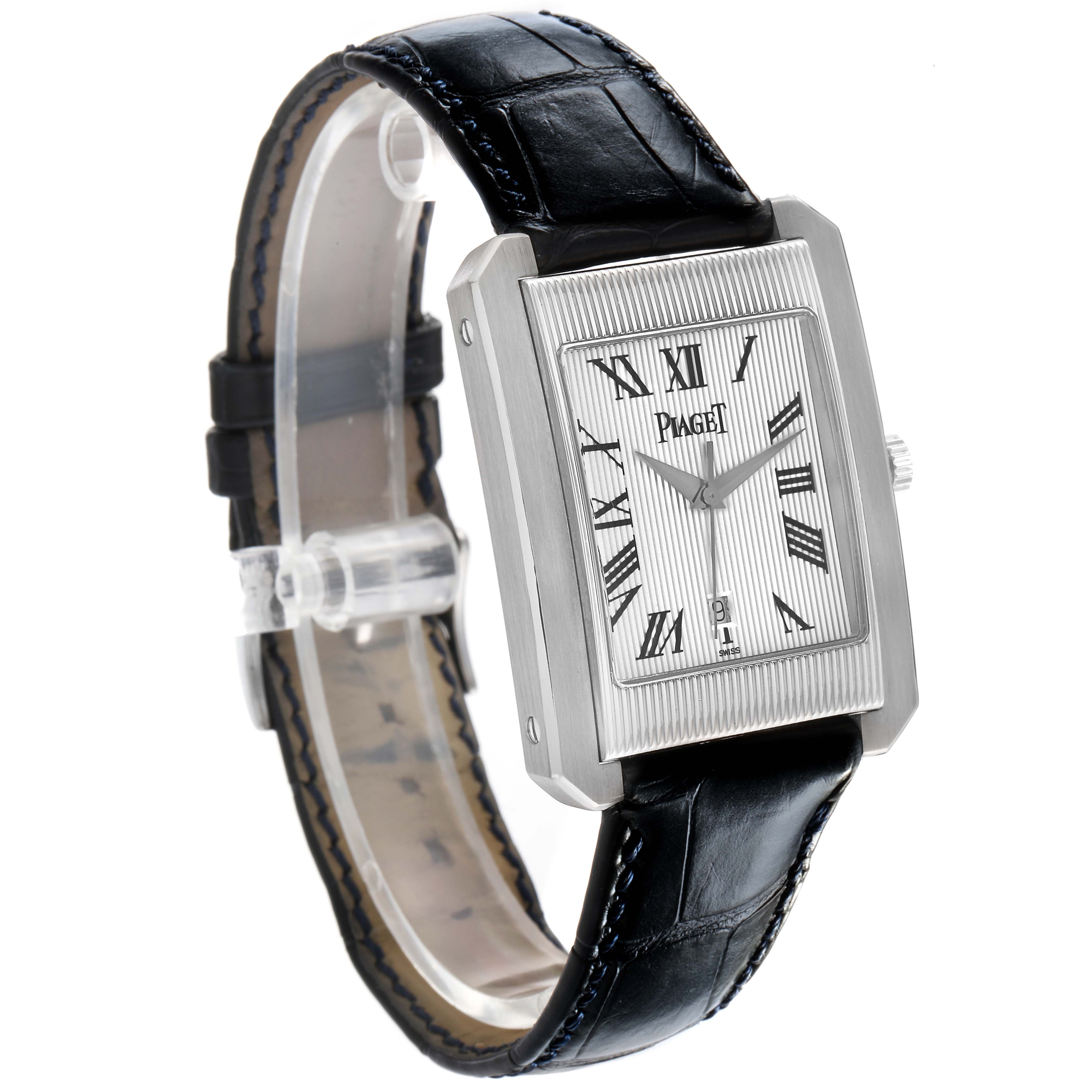The Piaget 26100 Men's White Gold Silver Dial Protocole XL 26100 watch is shown at a side angle, highlighting its Roman dial and leather strap.