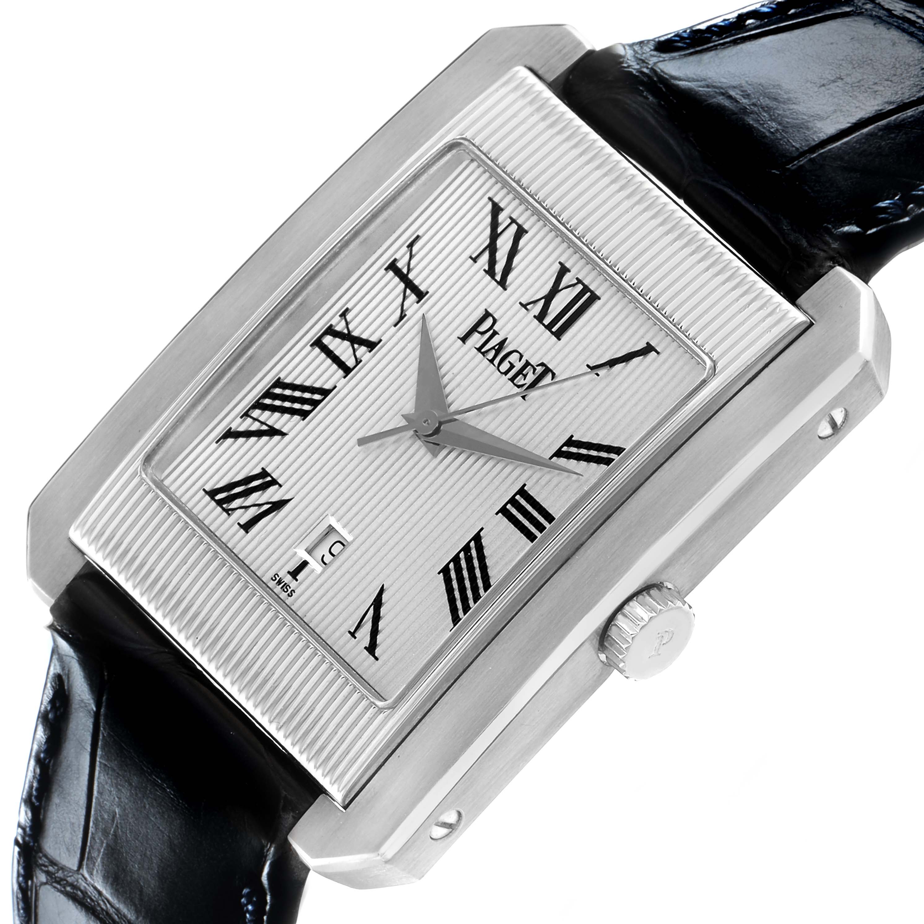The Piaget 26100 Men's White Gold Silver Dial Protocole XL watch is shown from an angled side view, highlighting its Roman numeral dial, case, crown, and strap connection.