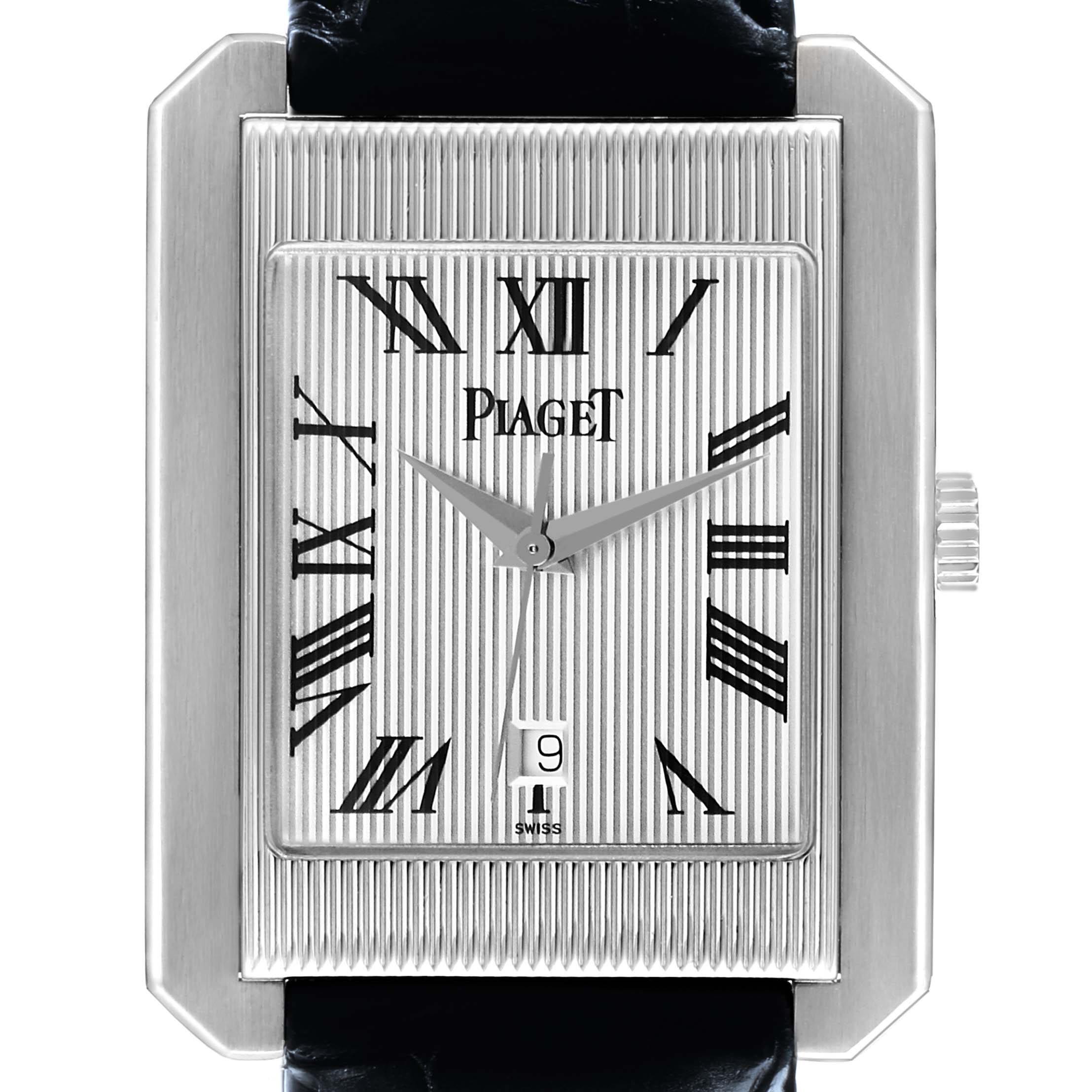 The image shows a front view of the Piaget 26100 Men's White Gold Silver Dial Protocole XL Silver Roman Dial White Gold Mens Watch 26100, highlighting the dial and crown.