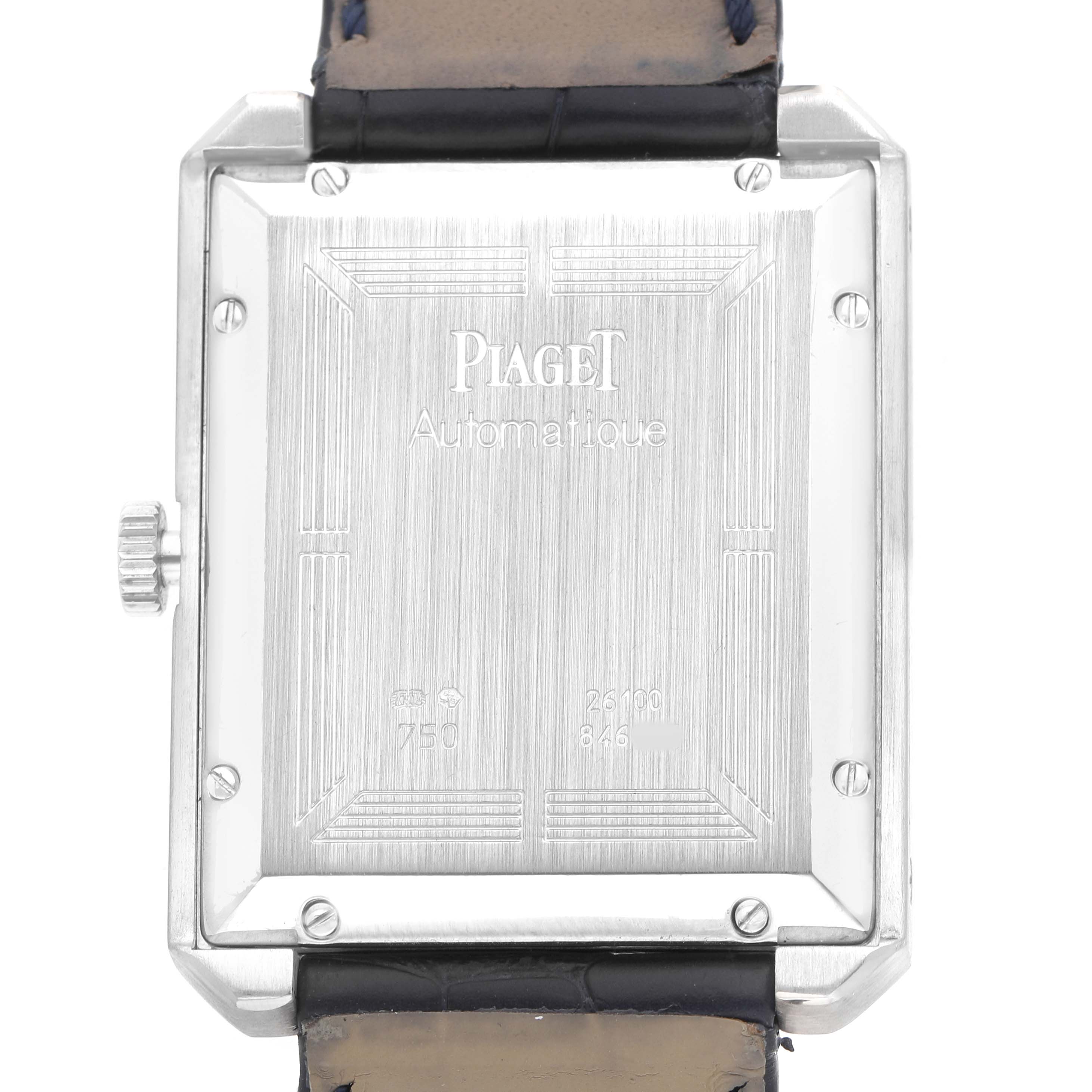 The image shows the back of the Piaget 26100 Men's White Gold Silver Dial Protocole XL 26100 watch, displaying the caseback and crown from a direct angle.
