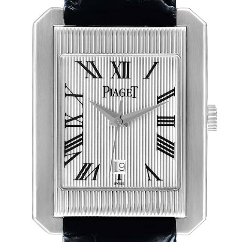 The Piaget 26100 Men's White Gold Silver Dial Protocole XL model 26100 watch is shown from a front view, highlighting the Roman numeral dial and date display.