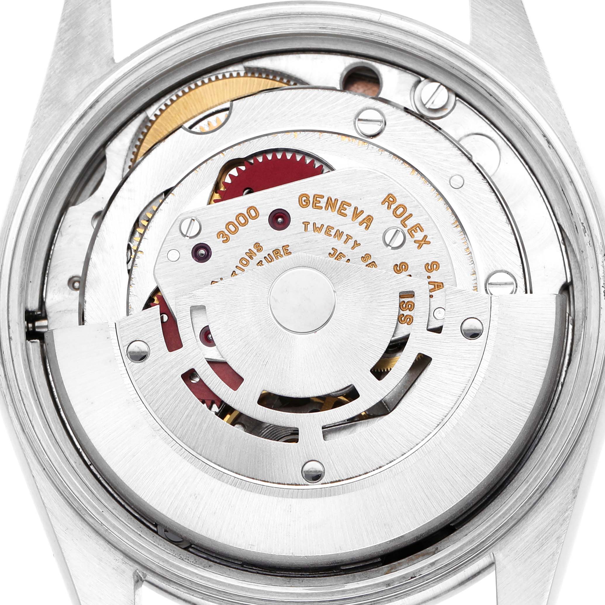 The image shows the case back view of a Rolex Air-King 14000 Men's Stainless Steel Silver Dial, highlighting its movement components.
