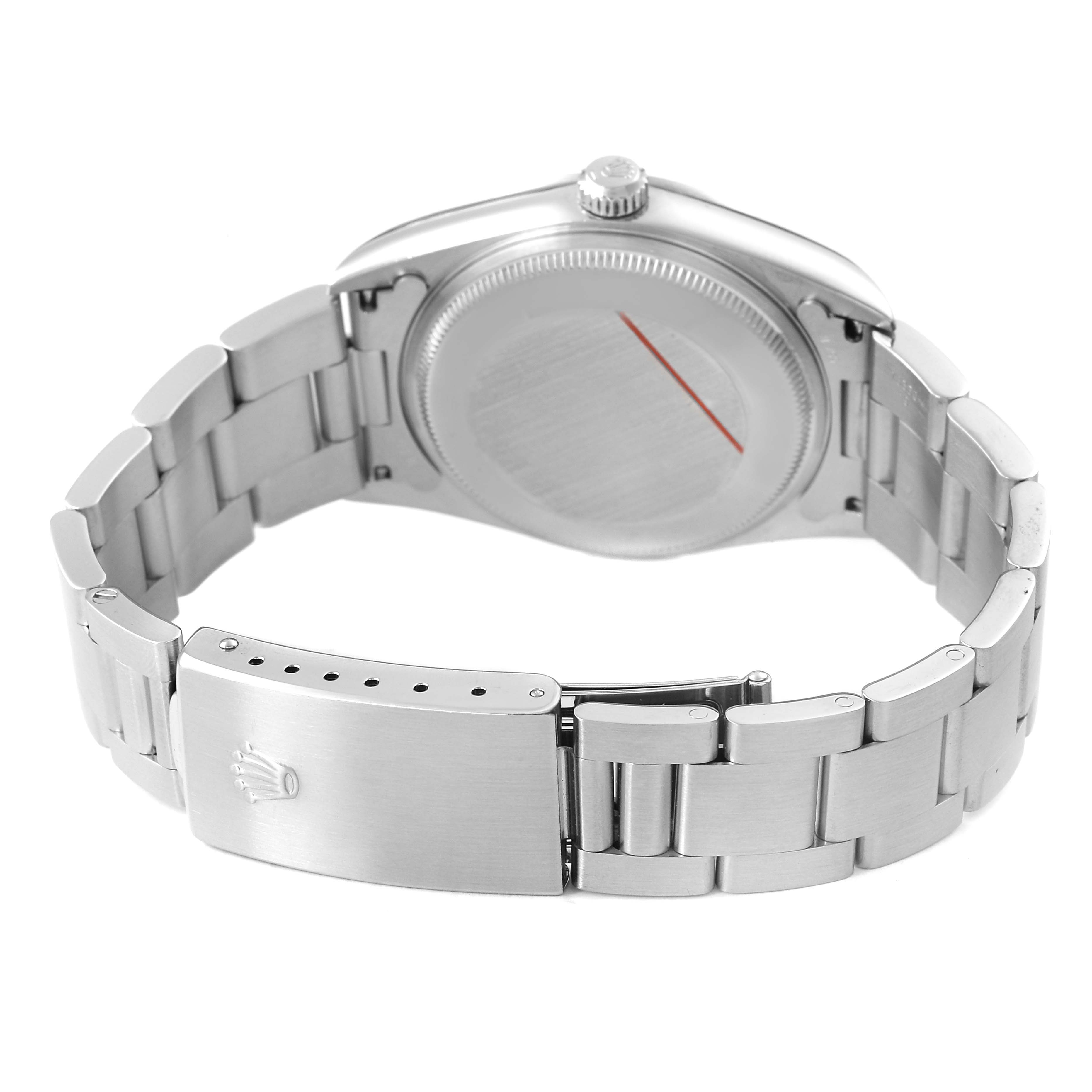 The image shows the back view of a Rolex Air-King 14000 Men's Stainless Steel Silver Dial watch, highlighting the bracelet clasp and case back.