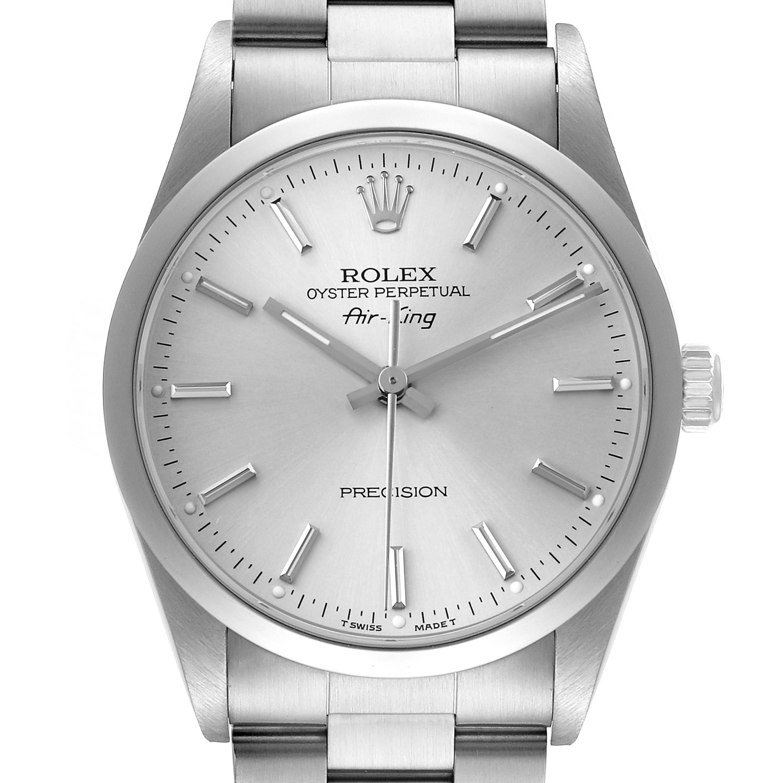 The Rolex Air-King 14000 Men's Stainless Steel Silver Dial watch is shown from a front angle, displaying the dial, bezel, crown, and part of the bracelet.