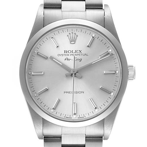 The image shows a front view of a Rolex Air-King 14000 Men's Stainless Steel Silver Dial watch, highlighting the dial, hands, crown, and part of the bracelet.