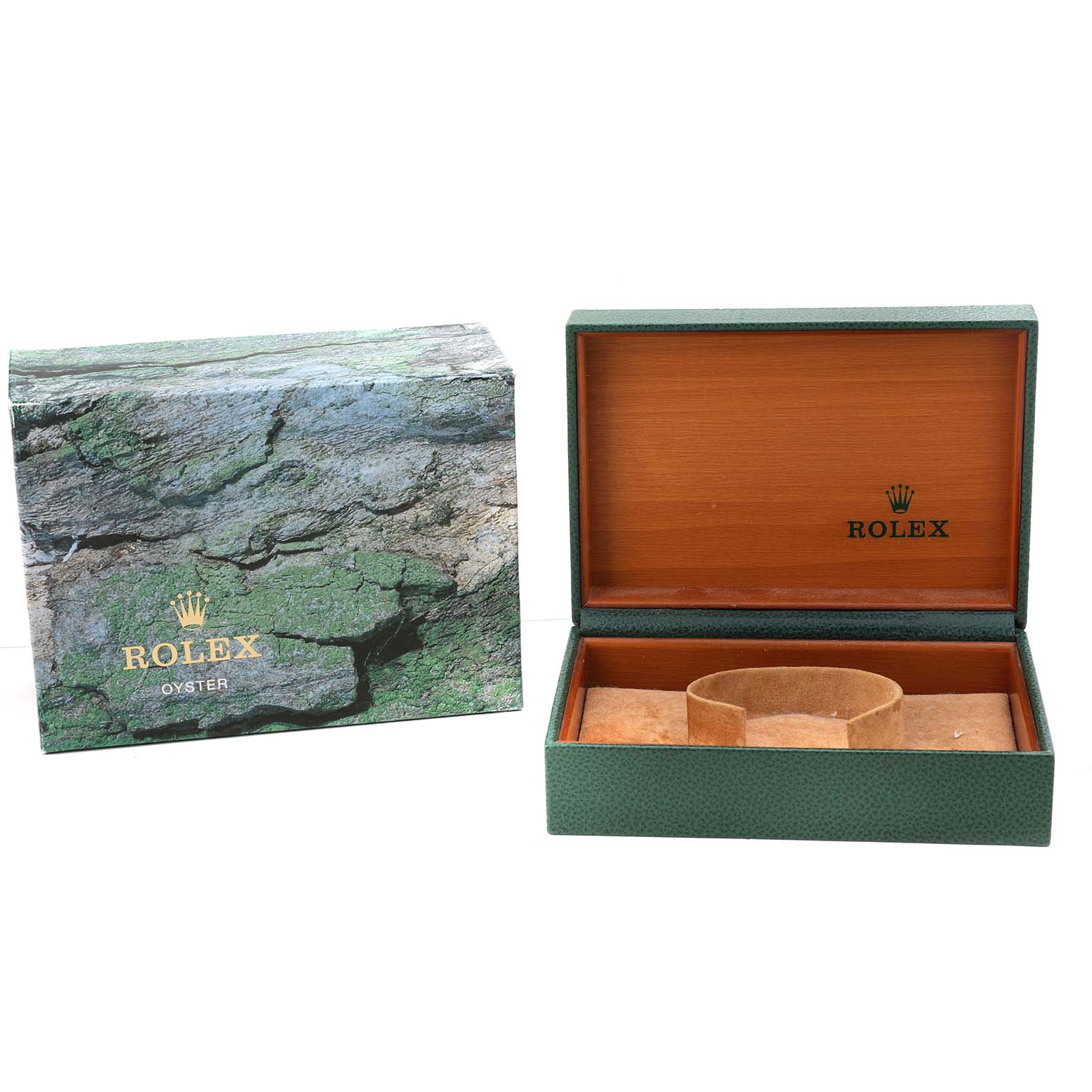 The image shows an open Rolex Air-King 14000 Men's Stainless Steel Silver Dial box and its packaging from a front angle.