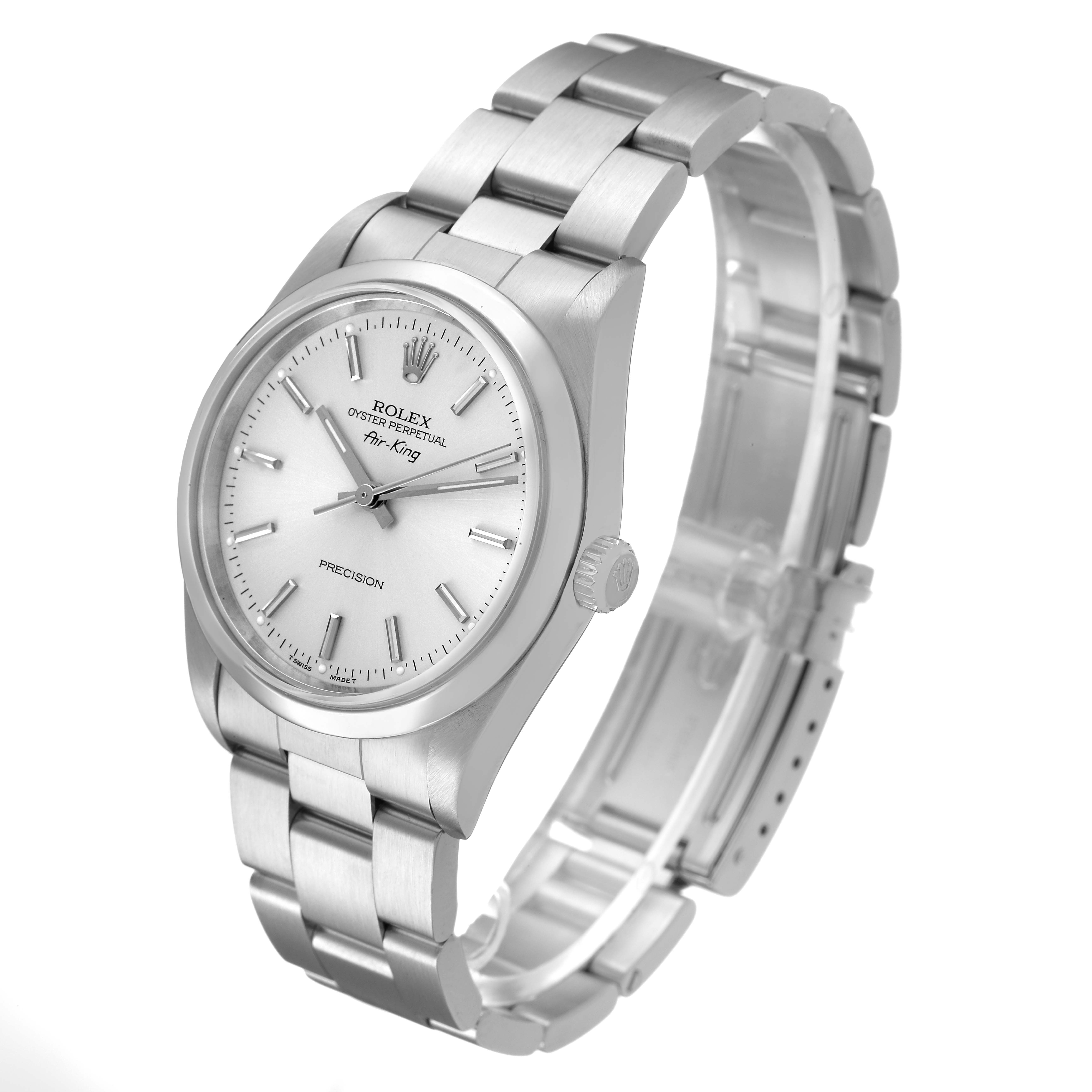 The Rolex Air-King 14000 Men's Stainless Steel Silver Dial watch is shown at a three-quarter angle, displaying the face, bezel, crown, and part of the bracelet.