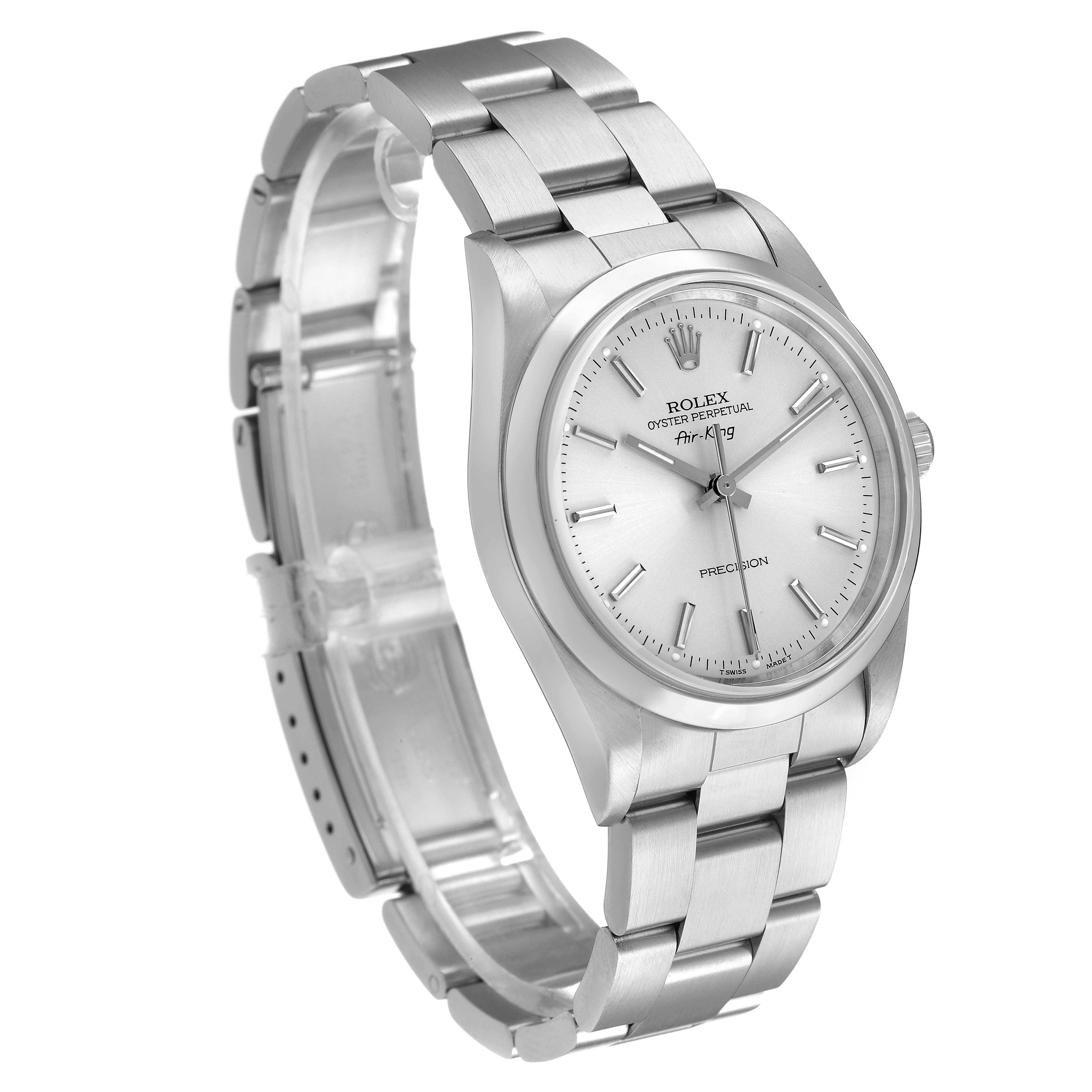 The Rolex Air-King 14000 Men's Stainless Steel Silver Dial watch is shown at a three-quarter angle, highlighting the dial, bezel, and stainless steel bracelet.