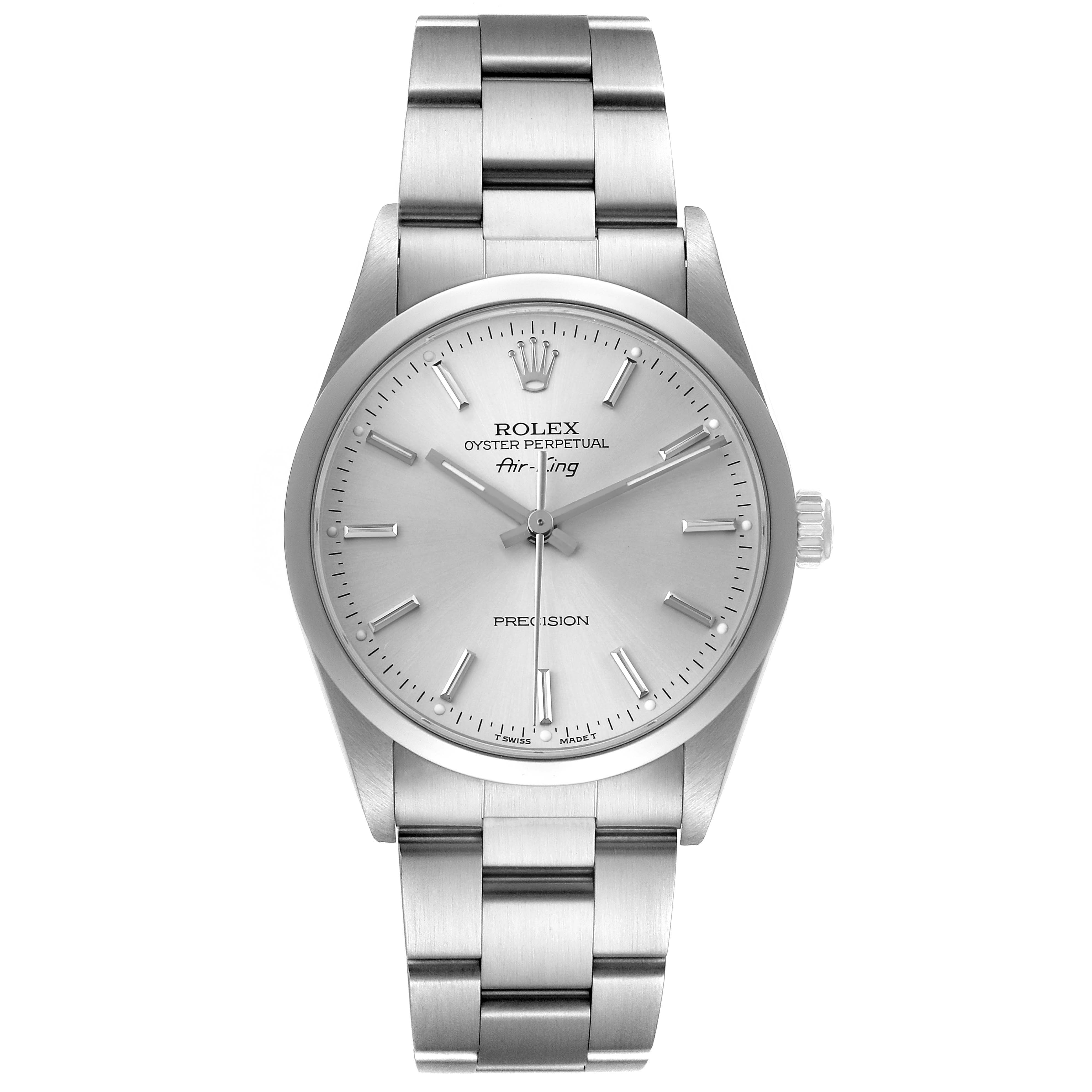 The Rolex Air-King 14000 Men's Stainless Steel Silver Dial watch is shown from the front, featuring the dial, bracelet, crown, and iconic logo.