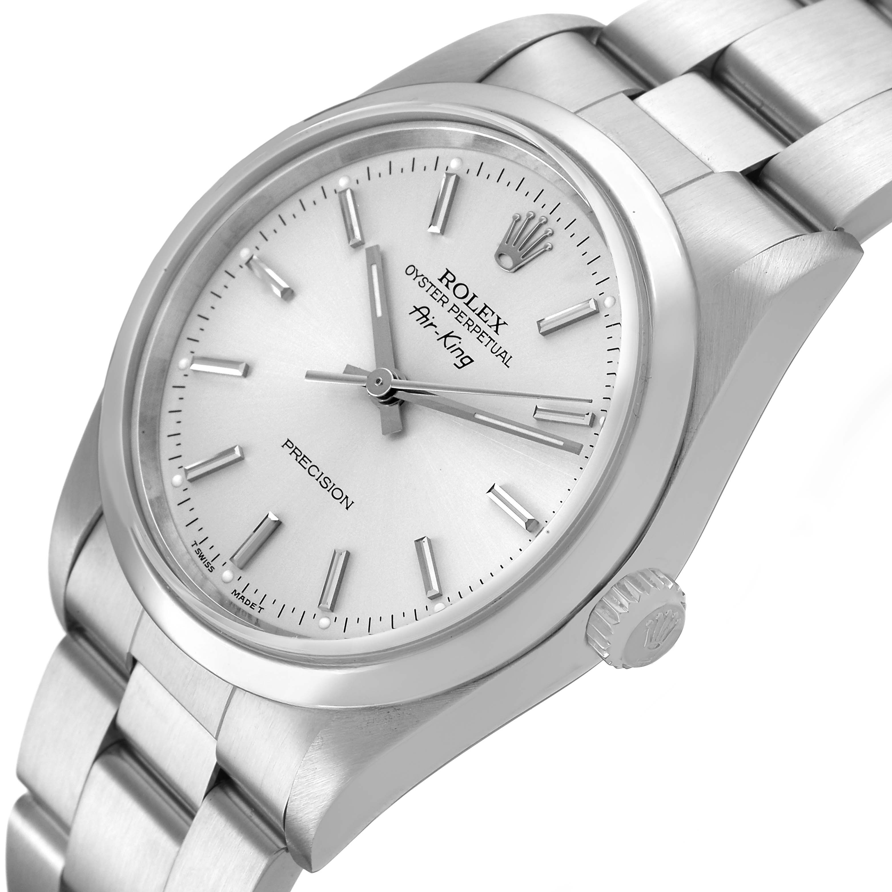 The Rolex Air-King 14000 Men's Stainless Steel Silver Dial watch is shown at a slight angle, highlighting the dial, bezel, bracelet, and crown.