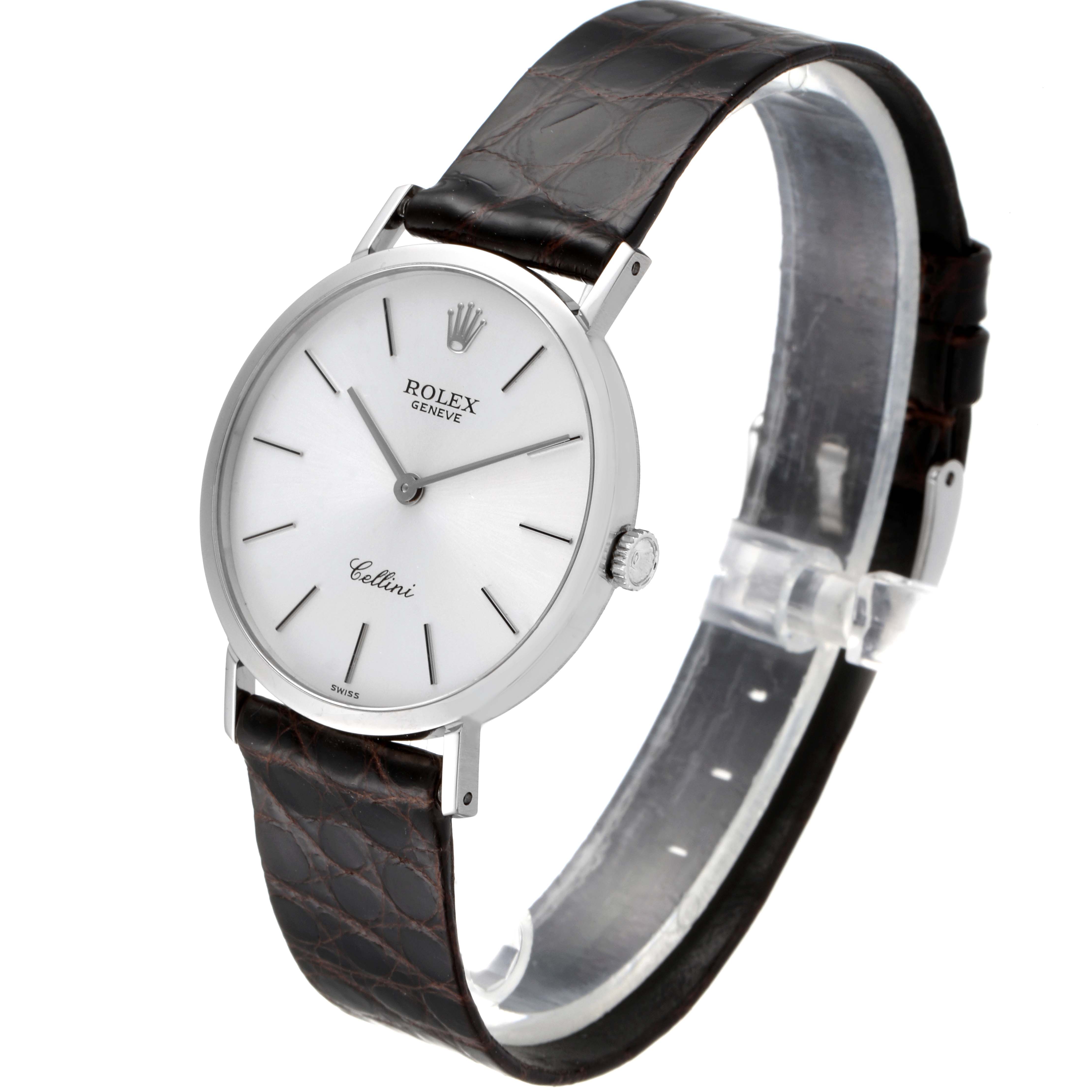 The Rolex Cellini 4112 Men's White Gold Silver Dial 4112 Men's White Gold Silver Dial watch is shown from a front-right angle, displaying its face, bezel, crown, and leather strap.