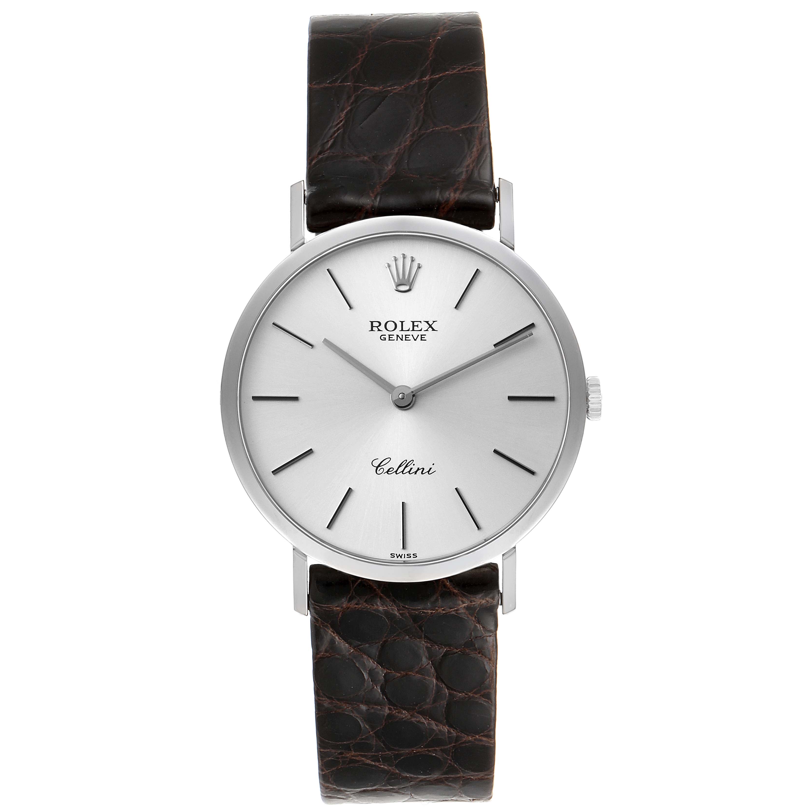 The image shows a front view of a Rolex Cellini 4112 Men's White Gold Silver Dial 4112 Men's White Gold Silver Dial watch, featuring its dial, case, crown, and leather strap.