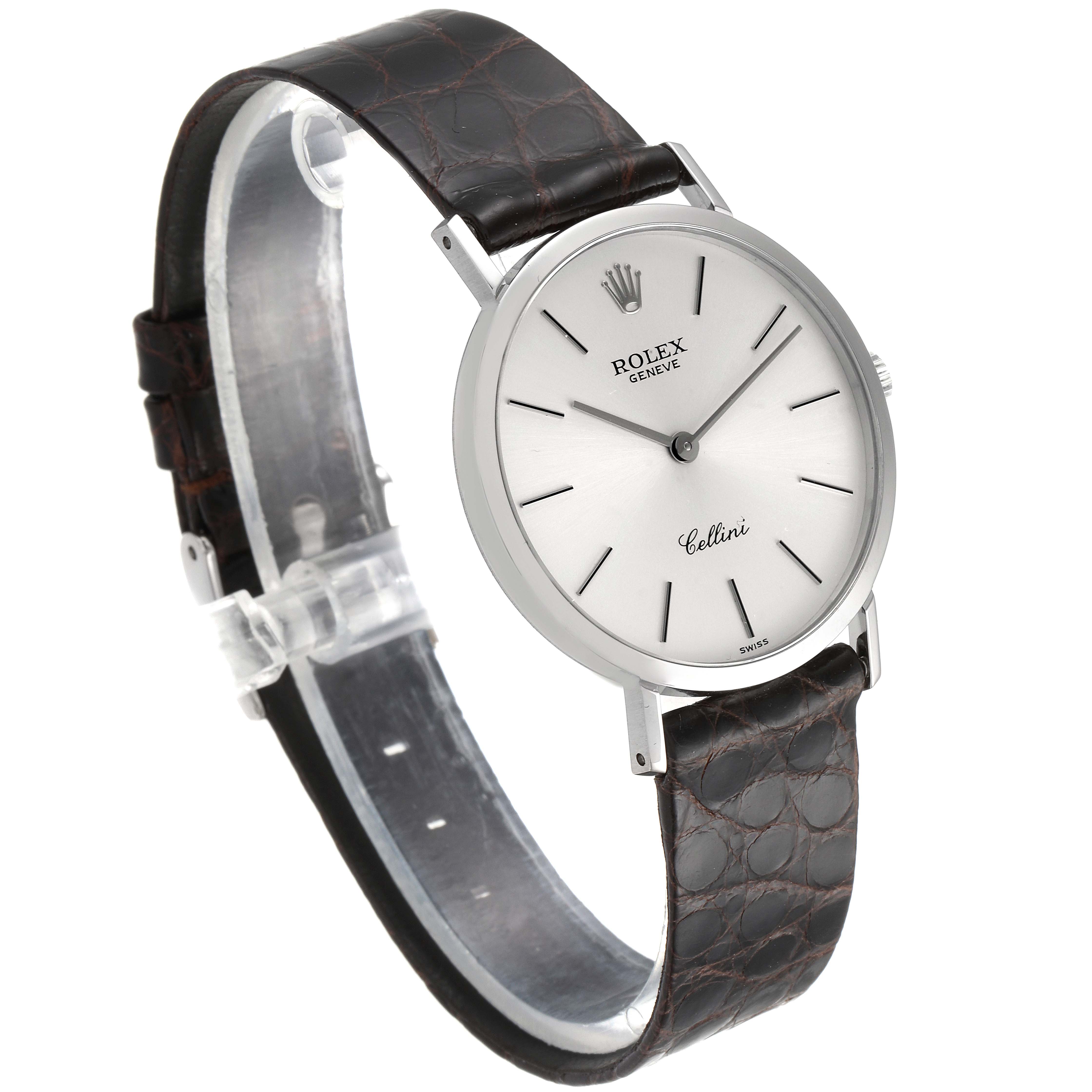 The image shows a Rolex Cellini 4112 Men's White Gold Silver Dial 4112 Men's White Gold Silver Dial watch from an angled side view, highlighting the face, strap, and crown.