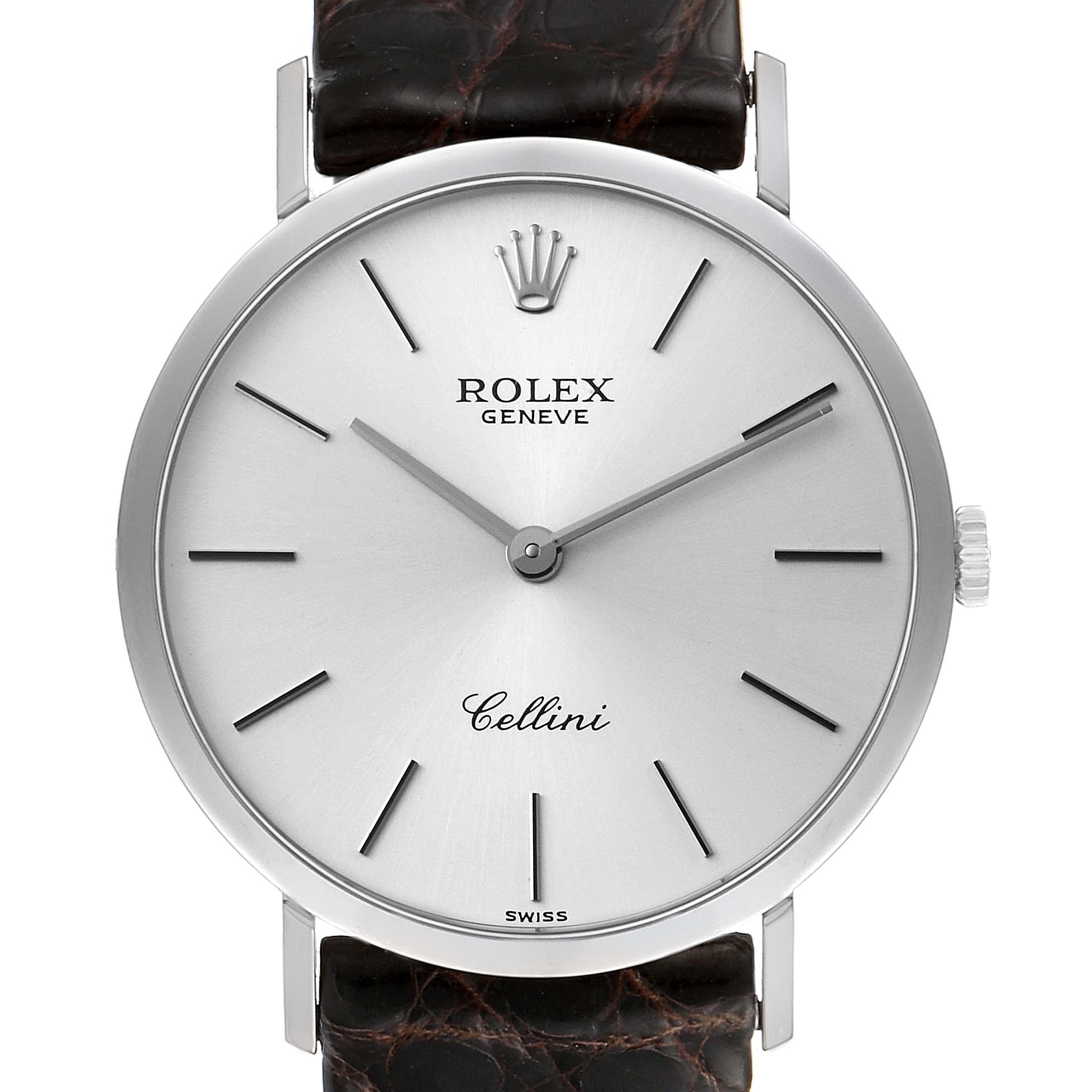The Rolex Cellini 4112 Men's White Gold Silver Dial 4112 Men's White Gold Silver Dial watch is shown from a front angle, displaying the watch face, dial, crown, and part of the leather strap.