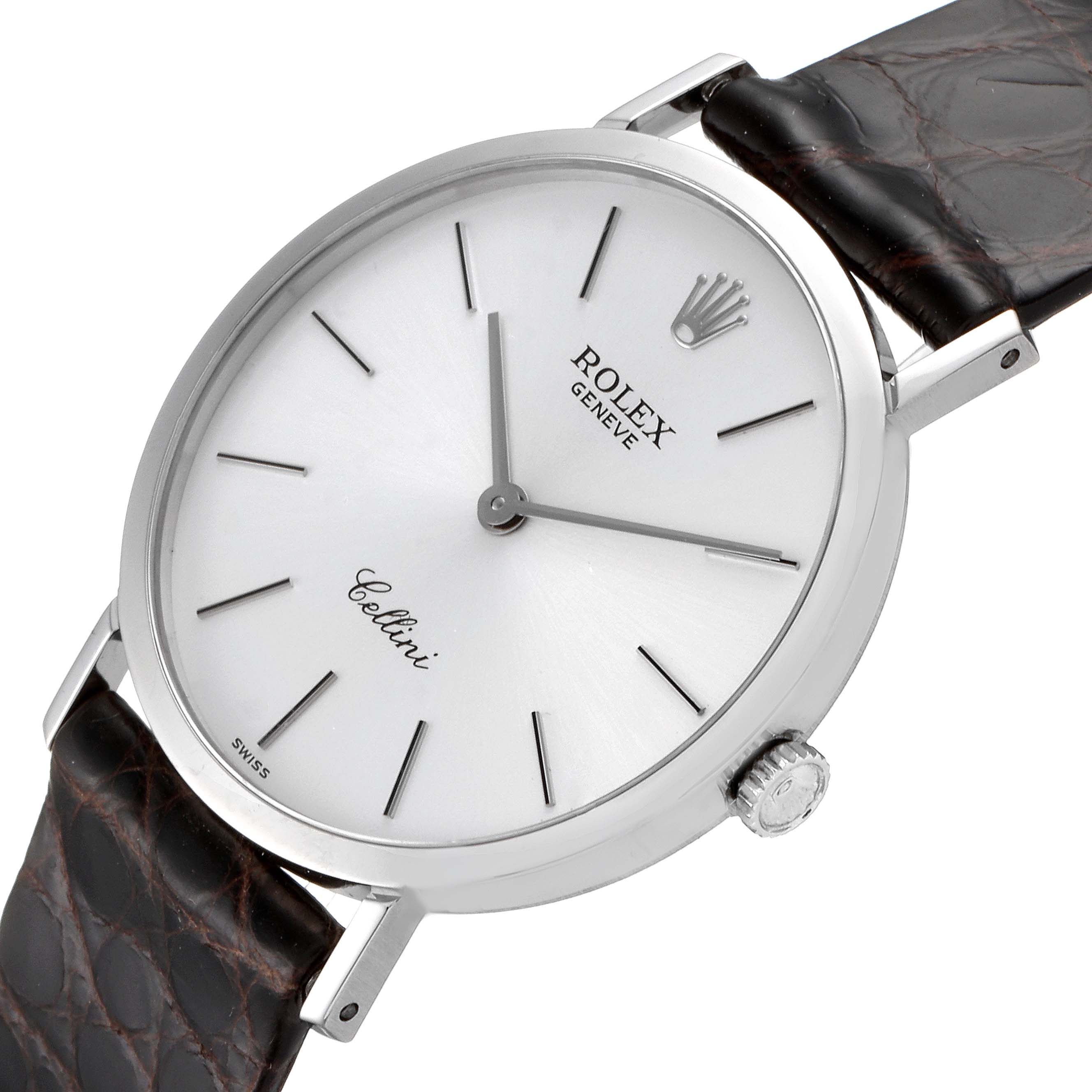 This image shows a close-up angle of the Rolex Cellini 4112 Men's White Gold Silver Dial 4112 Men's White Gold Silver Dial watch face, case, crown, and part of the leather strap.