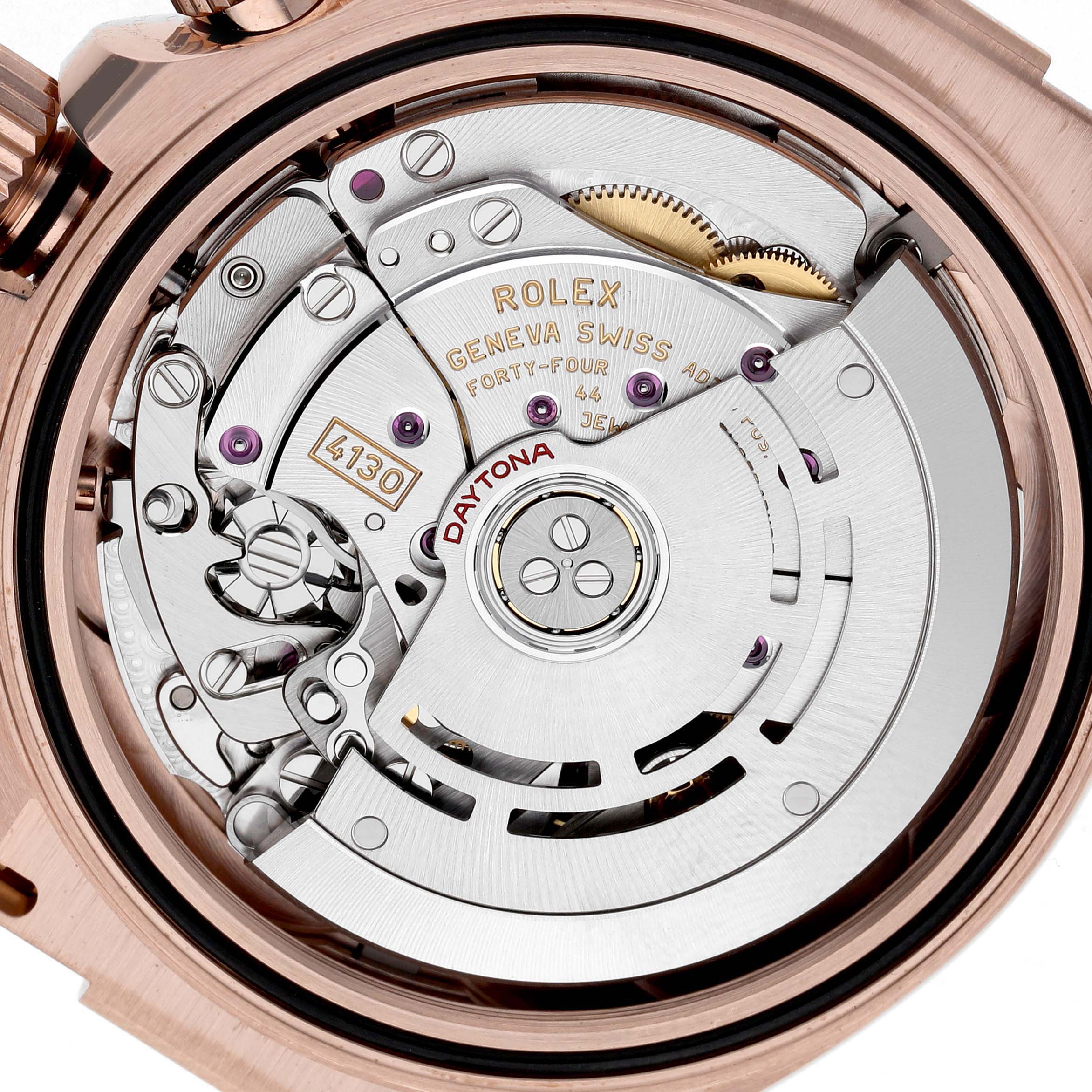 The image shows the movement of a Rolex Daytona 116515 Men's Rose Gold Grey Dial watch from the back, highlighting its intricate mechanical parts.