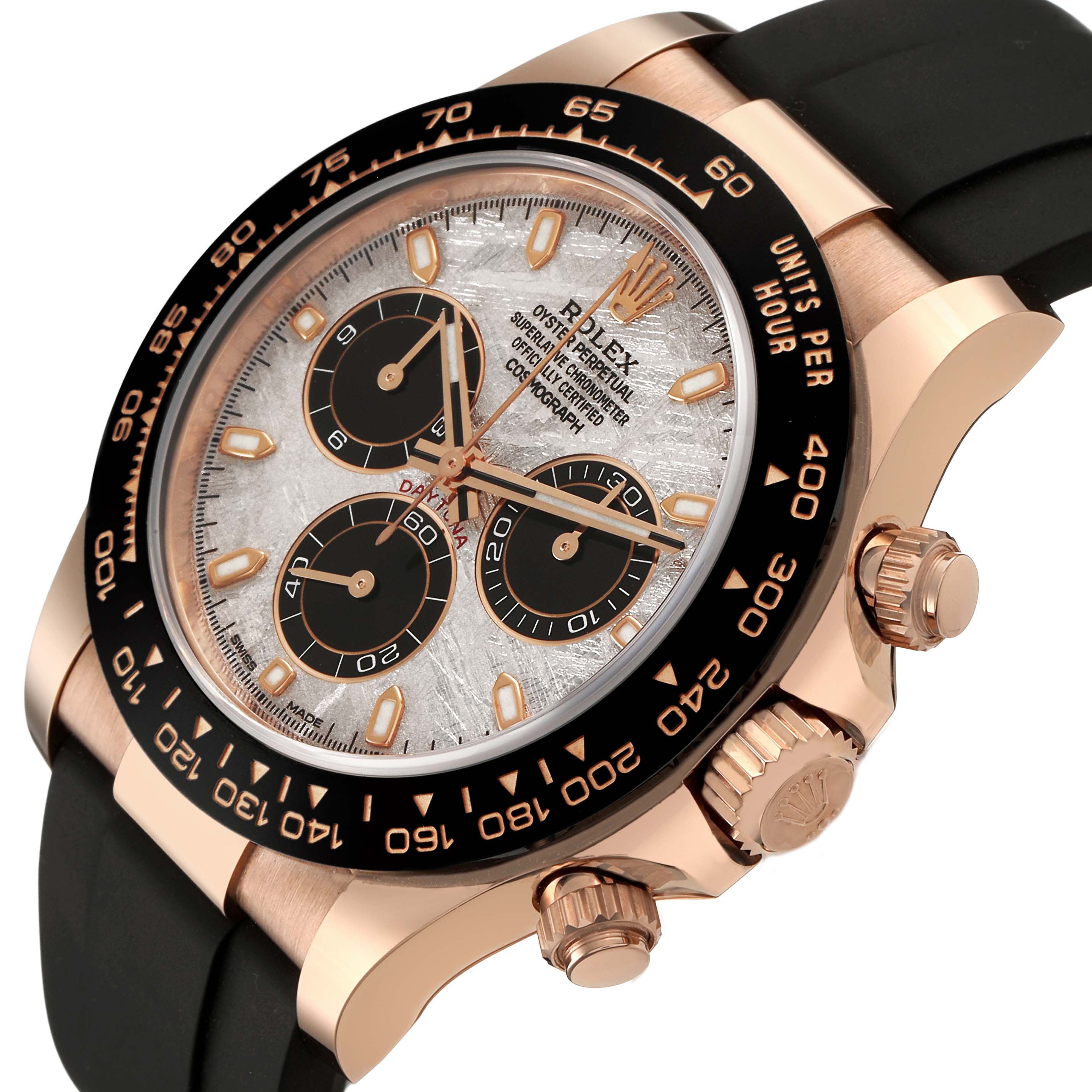 The Rolex Daytona 116515 Men's Rose Gold Grey Dial watch is shown at an angled view highlighting its dial, bezel, and side pushers.