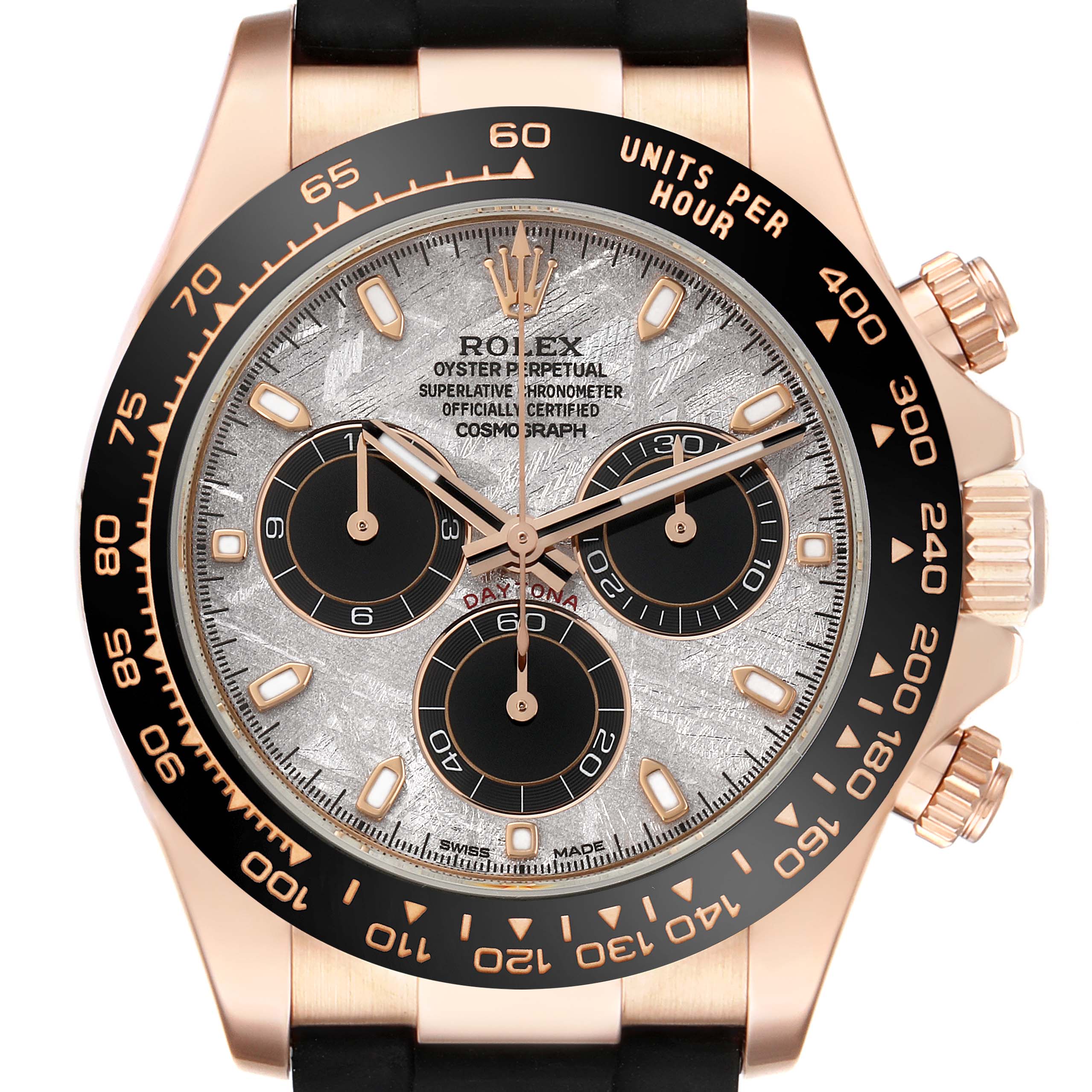 The image shows a front view of a Rolex Daytona 116515 Men's Rose Gold Grey Dial watch with a black bezel, meteorite dial, chronograph subdials, and gold case.