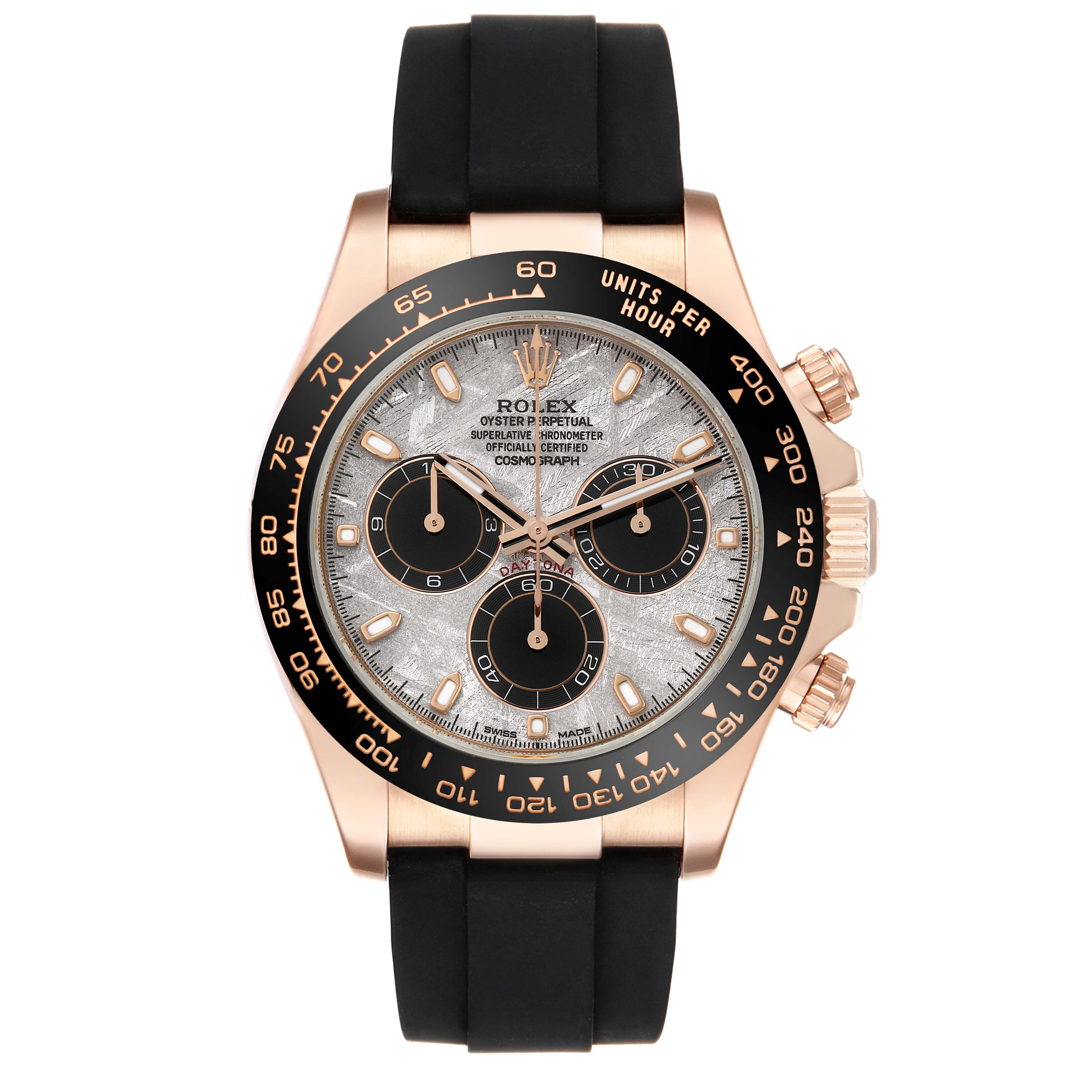 The Rolex Daytona 116515 Men's Rose Gold Grey Dial watch is shown from the front, highlighting its bezel, dials, and rubber strap.