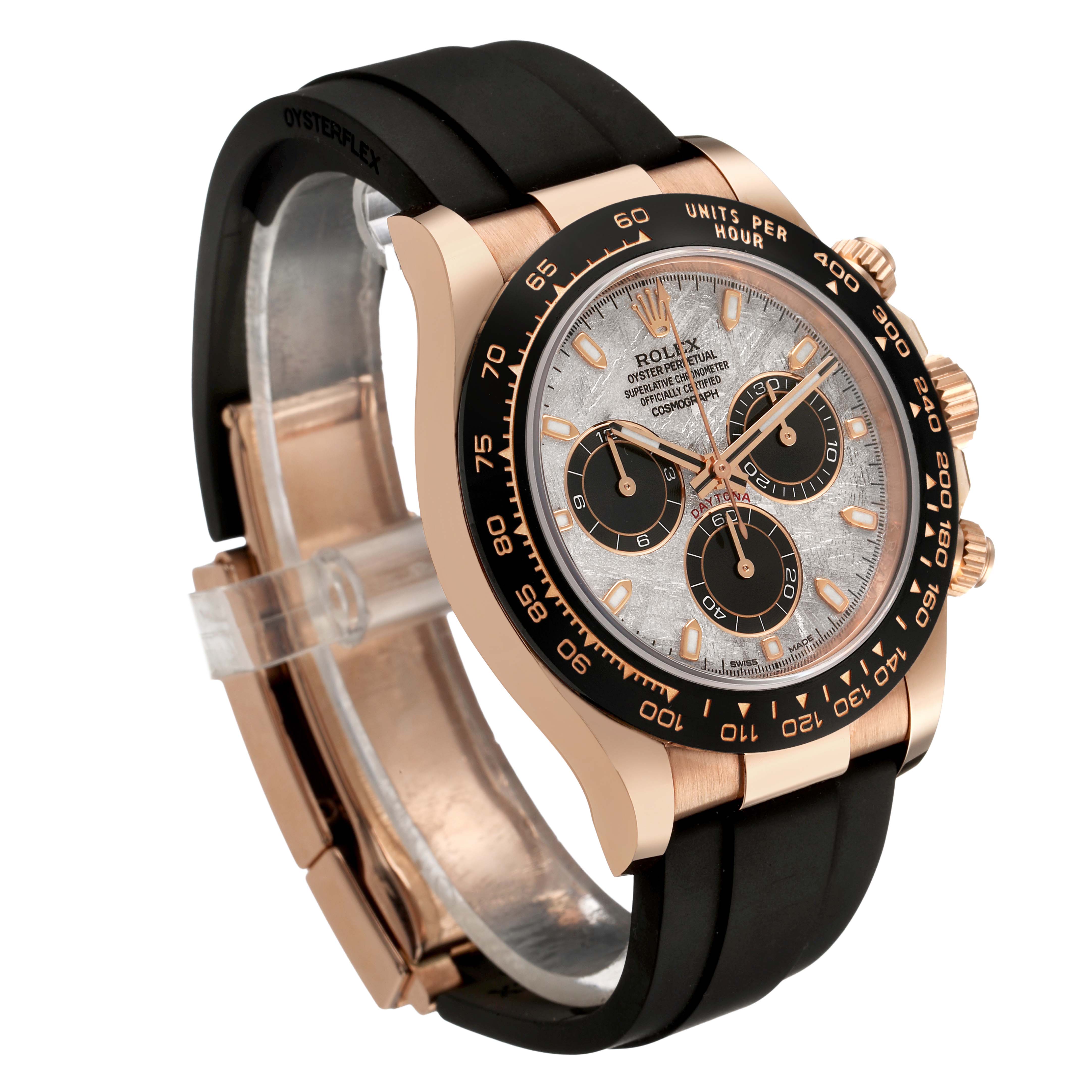 The Rolex Daytona 116515 Men's Rose Gold Grey Dial watch is shown at a three-quarter angle, displaying its face, bezel, crown, and strap.