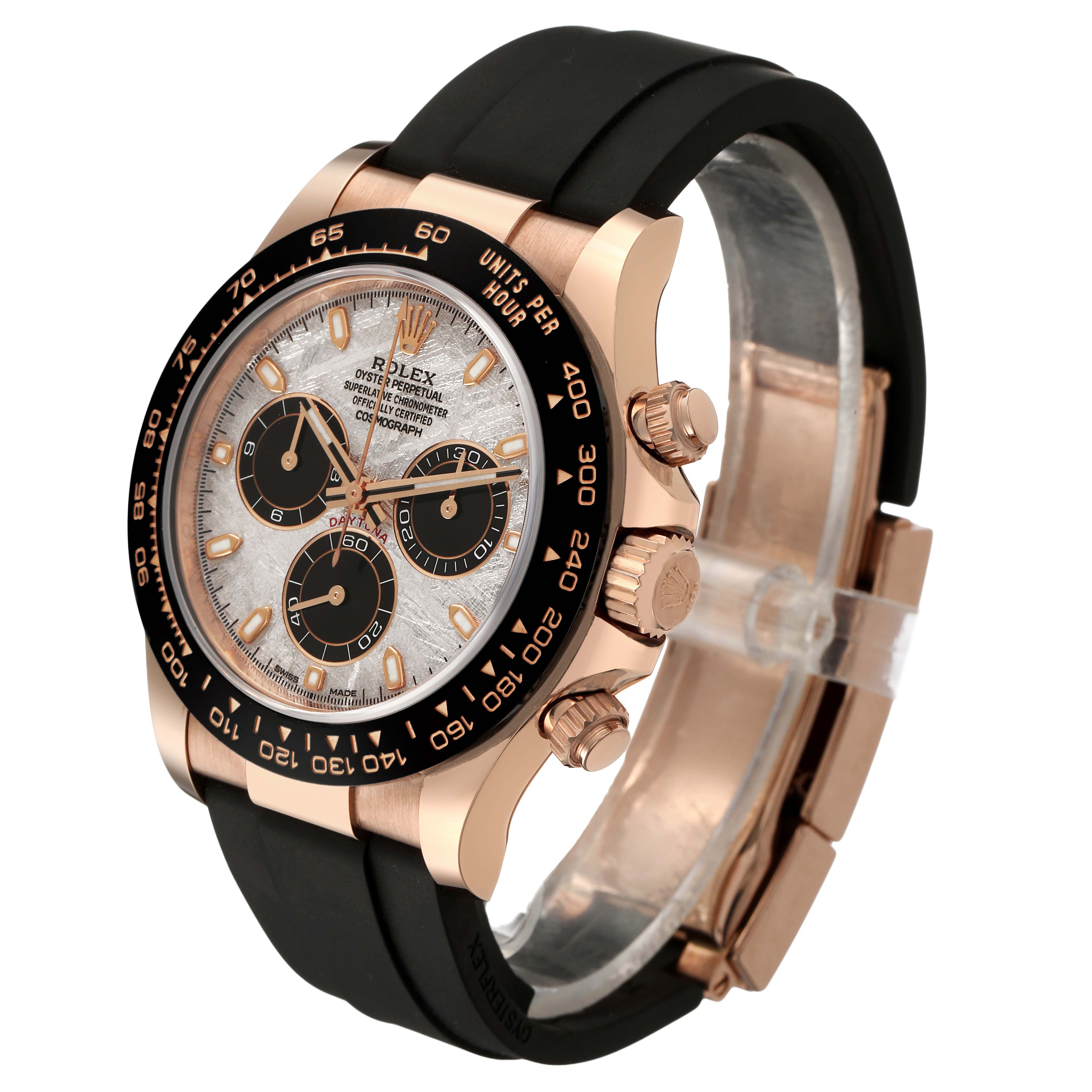 The Rolex Daytona 116515 Men's Rose Gold Grey Dial watch is shown at a three-quarter angle displaying the dial, bezel, crown, pushers, and strap.