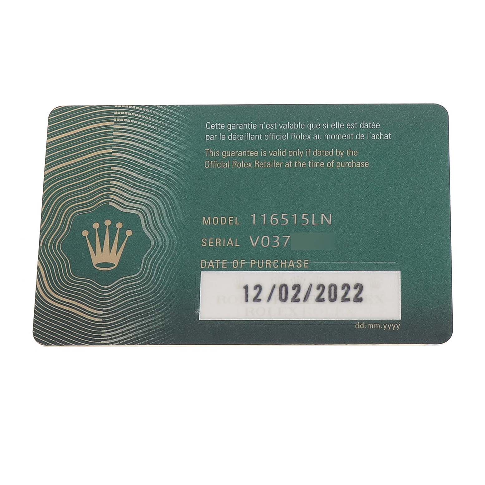 The image shows a warranty card for the Rolex Daytona 116515 Men's Rose Gold Grey Dial, model 116515LN, displaying the date of purchase and serial number.