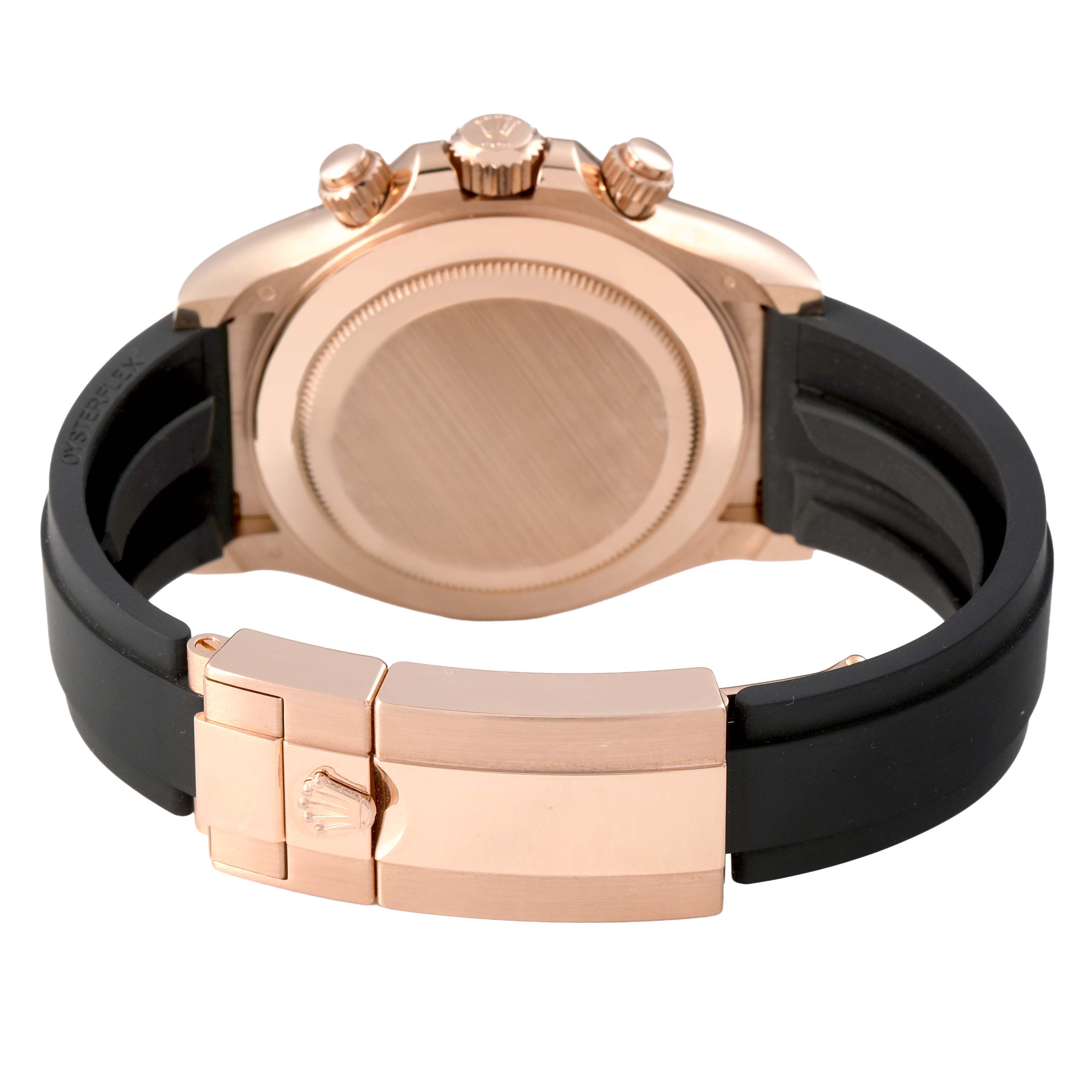 The image shows the back and side of a Rolex Daytona 116515 Men's Rose Gold Grey Dial watch, highlighting its clasp, case back, and crown.