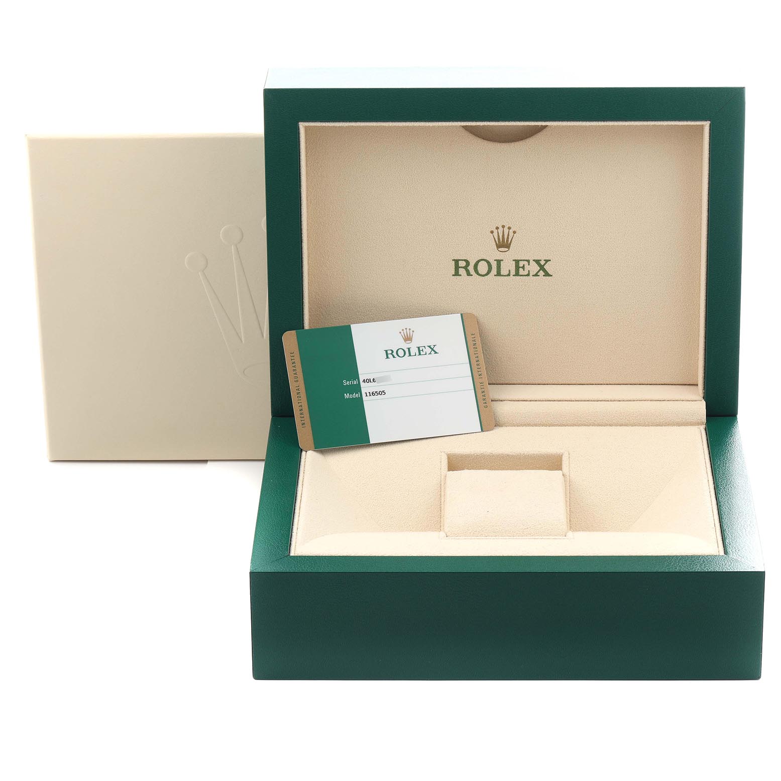 The image shows a Rolex Daytona 116505 Men
s Rose Gold Pink Dial 116505 Men
s Rose Gold Pink Dial watch box from a front angle, including the warranty card and presentation box.