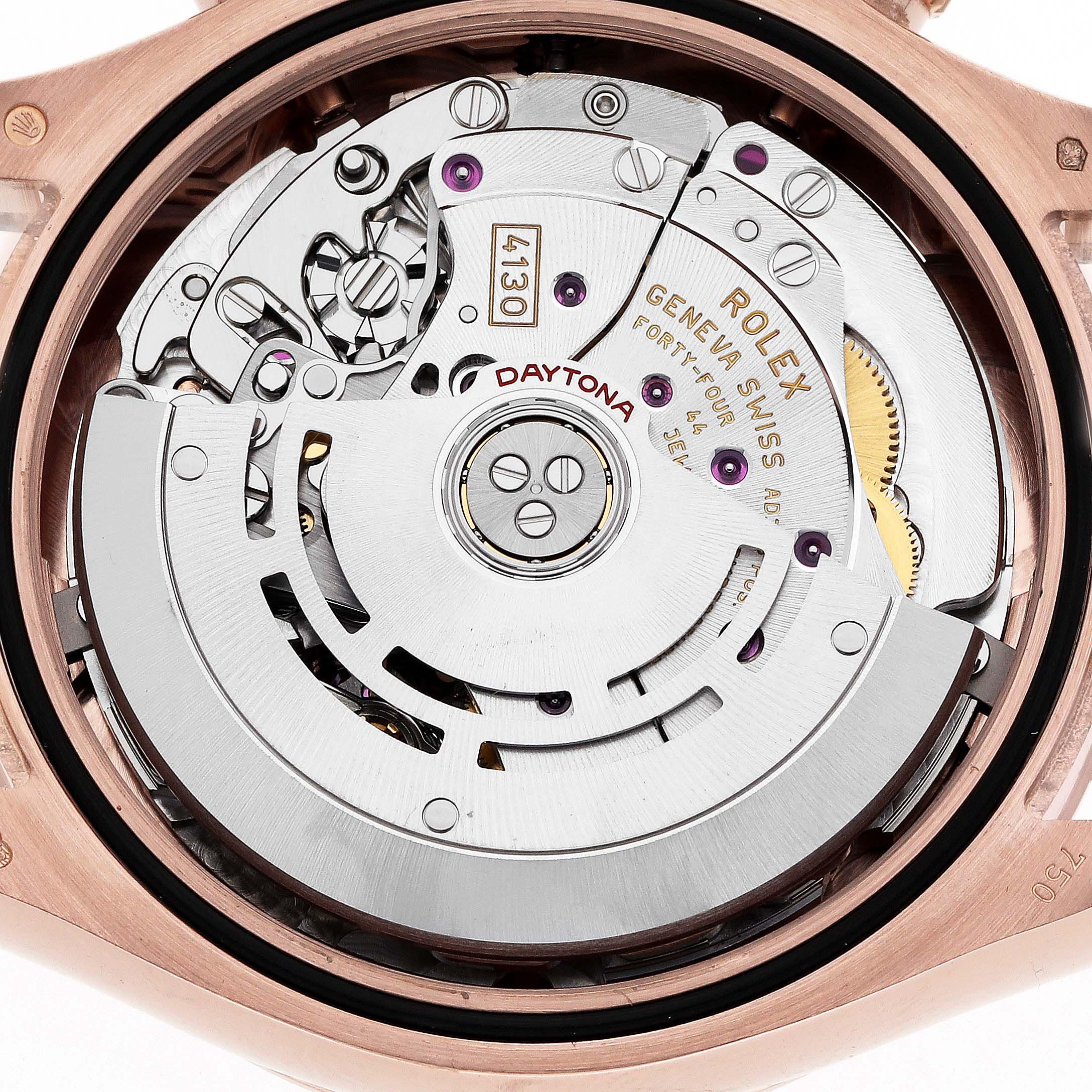 The image shows the movement and inner mechanism of a Rolex Daytona 116505 Men
s Rose Gold Pink Dial 116505 Men
s Rose Gold Pink Dial watch viewed from the back.
