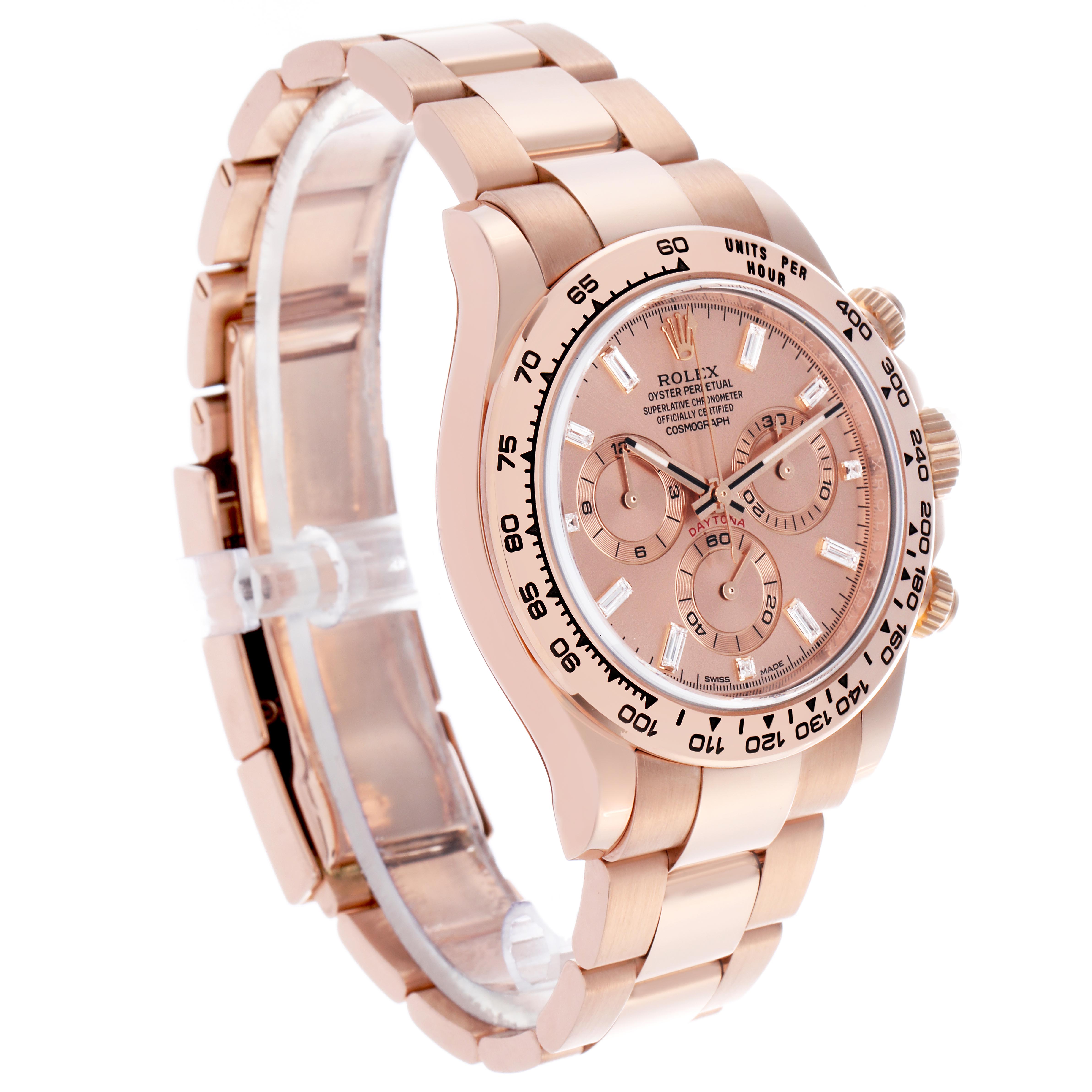 The Rolex Daytona 116505 Men
s Rose Gold Pink Dial 116505 Men
s Rose Gold Pink Dial watch is shown at a three-quarter angle, highlighting the face, bezel, and bracelet.