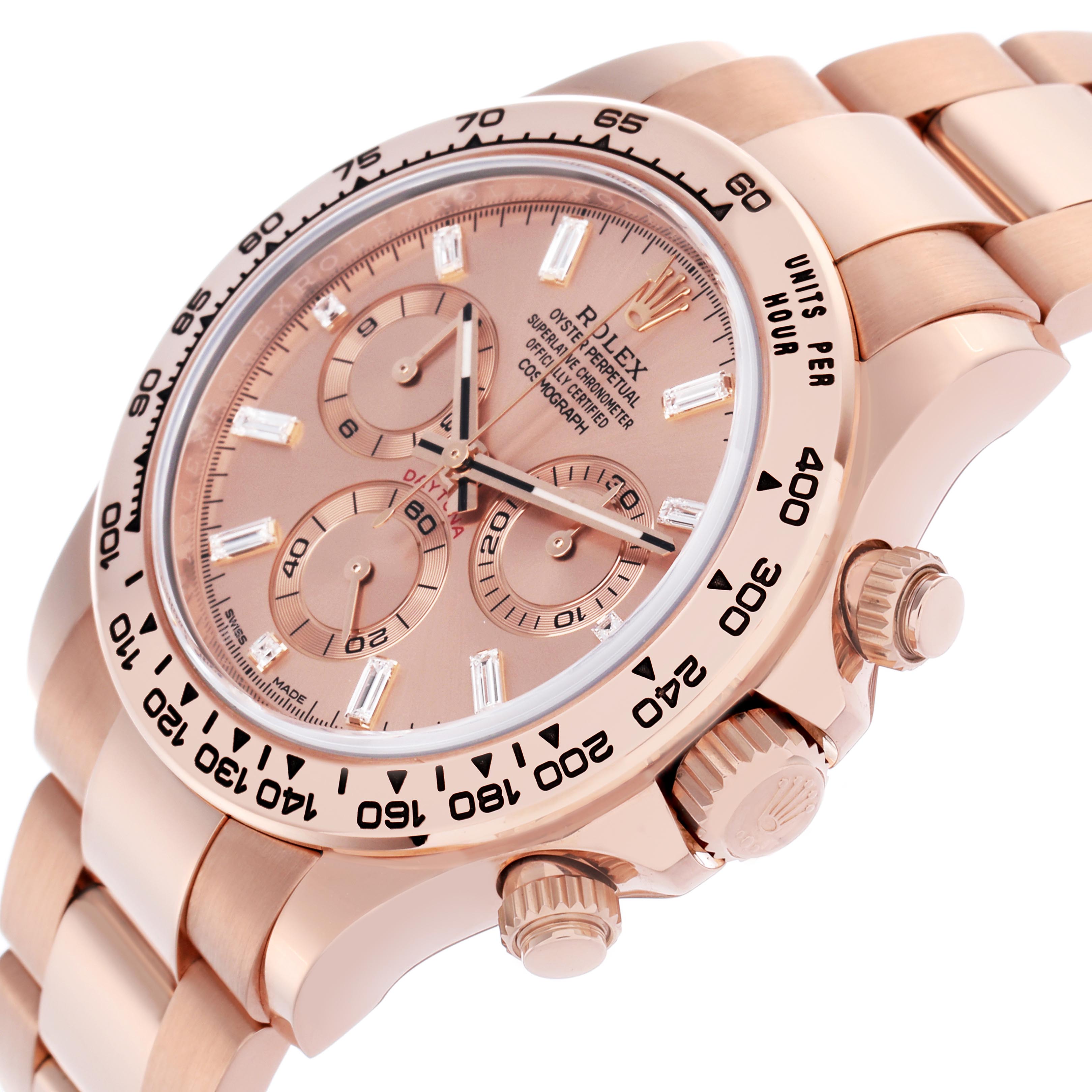 The image shows a side angle of the Rolex Daytona 116505 Men
s Rose Gold Pink Dial 116505 Men
s Rose Gold Pink Dial, highlighting the dial, bezel, chronograph sub-dials, and bracelet.