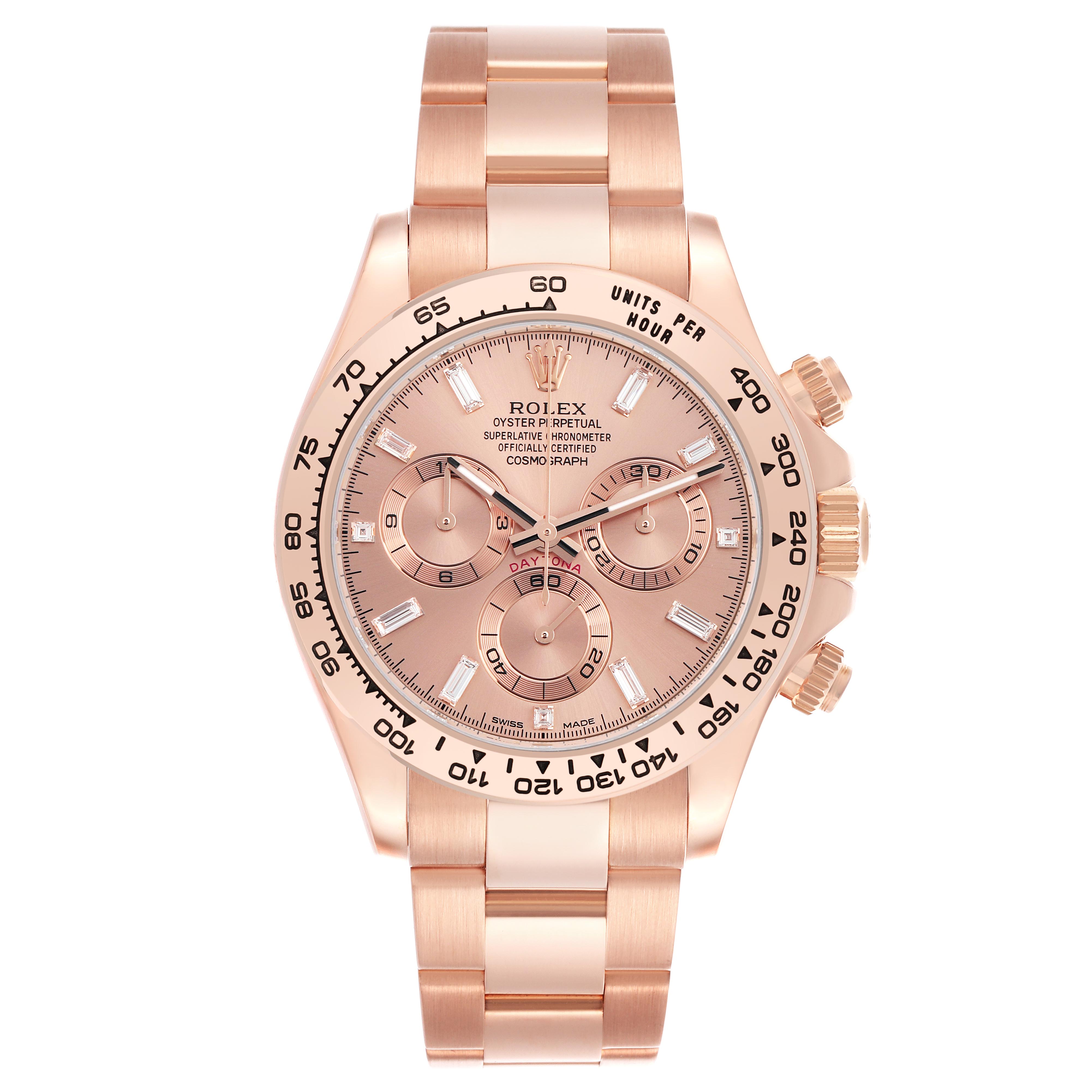 The Rolex Daytona 116505 Men
s Rose Gold Pink Dial 116505 Men
s Rose Gold Pink Dial watch is shown from a top-down angle, displaying its dial, bezel, and full bracelet.
